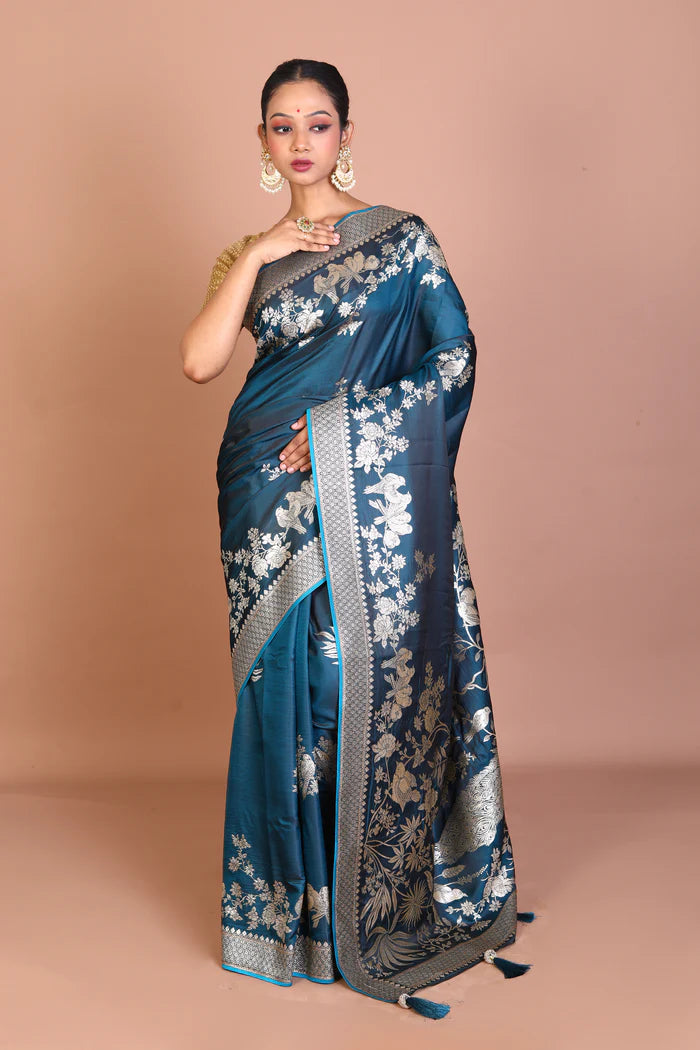 Deep Blue Blended Satin Silk Saree - Keya Seth Exclusive