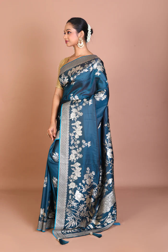 Deep Blue Blended Satin Silk Saree - Keya Seth Exclusive