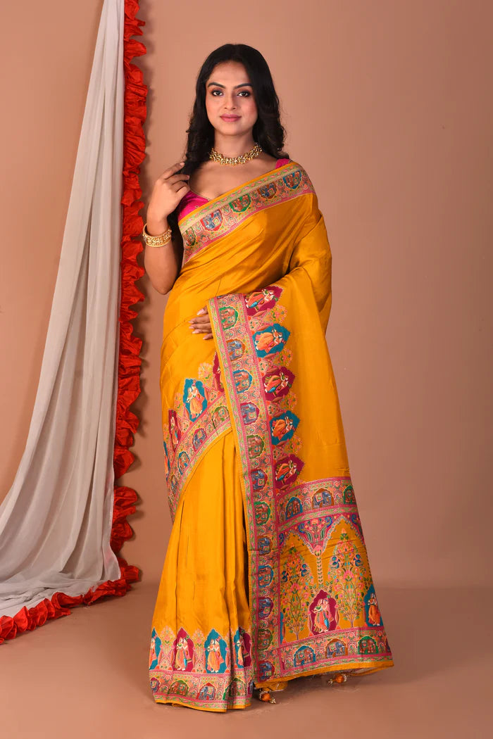 Mustard Blended Printed Silk Saree - Keya Seth Exclusive