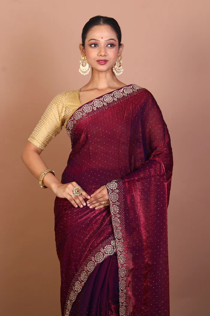 Wine Blended Satin Silk Saree - Keya Seth Exclusive
