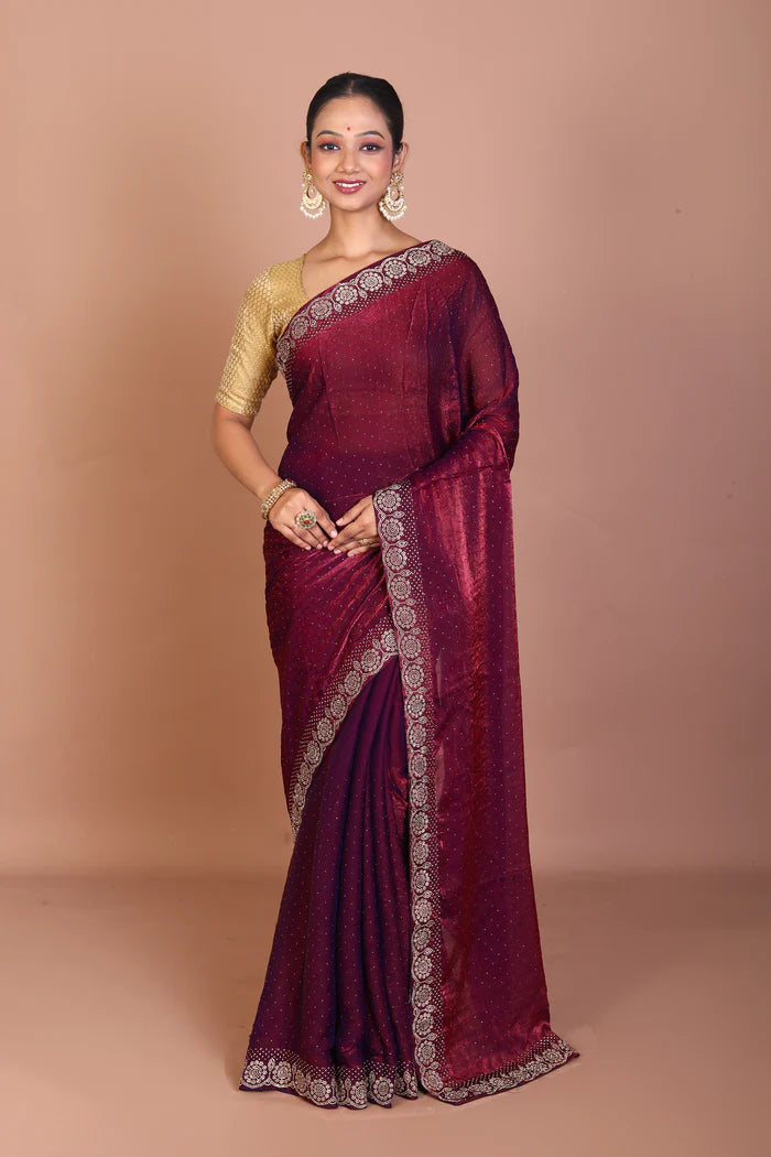 Wine Blended Satin Silk Saree - Keya Seth Exclusive