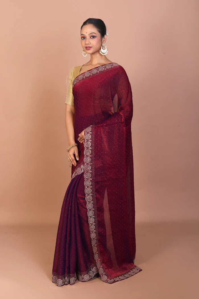 Wine Blended Satin Silk Saree - Keya Seth Exclusive