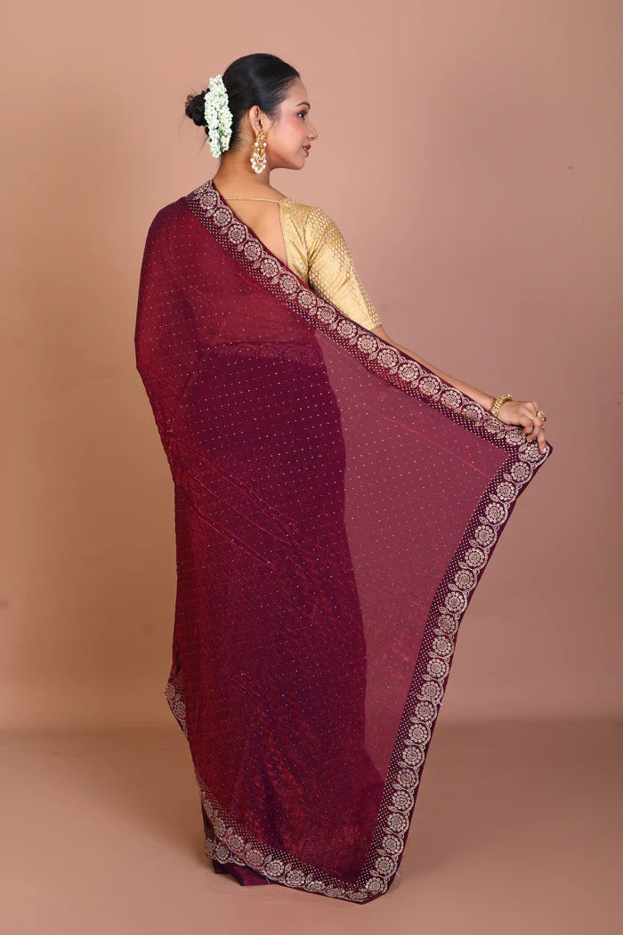 Wine Blended Satin Silk Saree - Keya Seth Exclusive