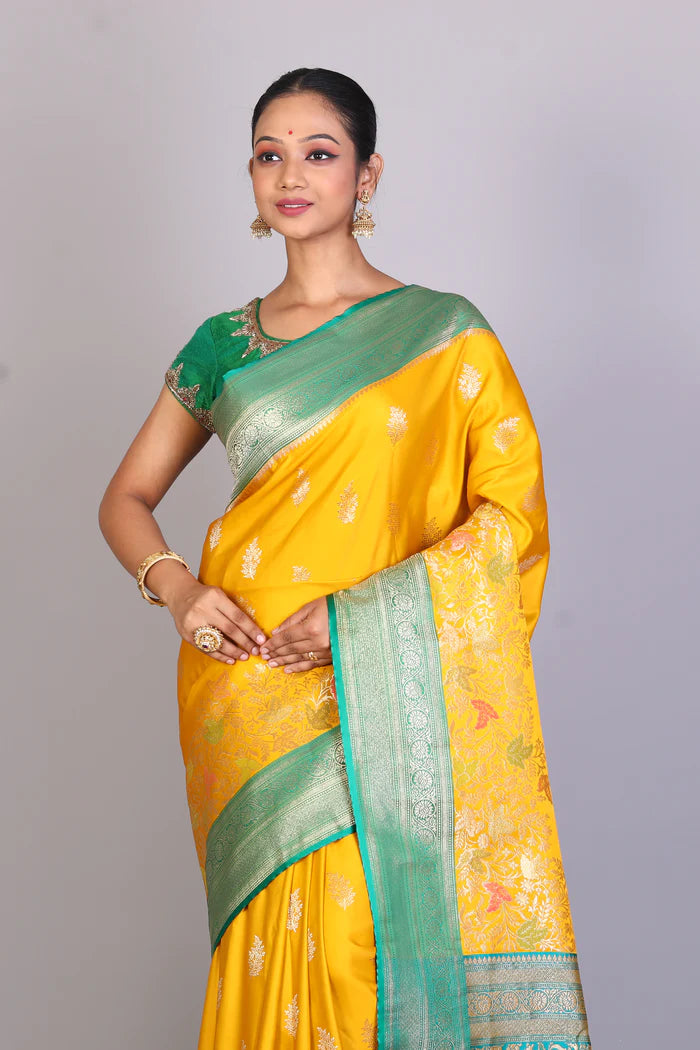 Yellow Blended Satin Silk Saree - Keya Seth Exclusive
