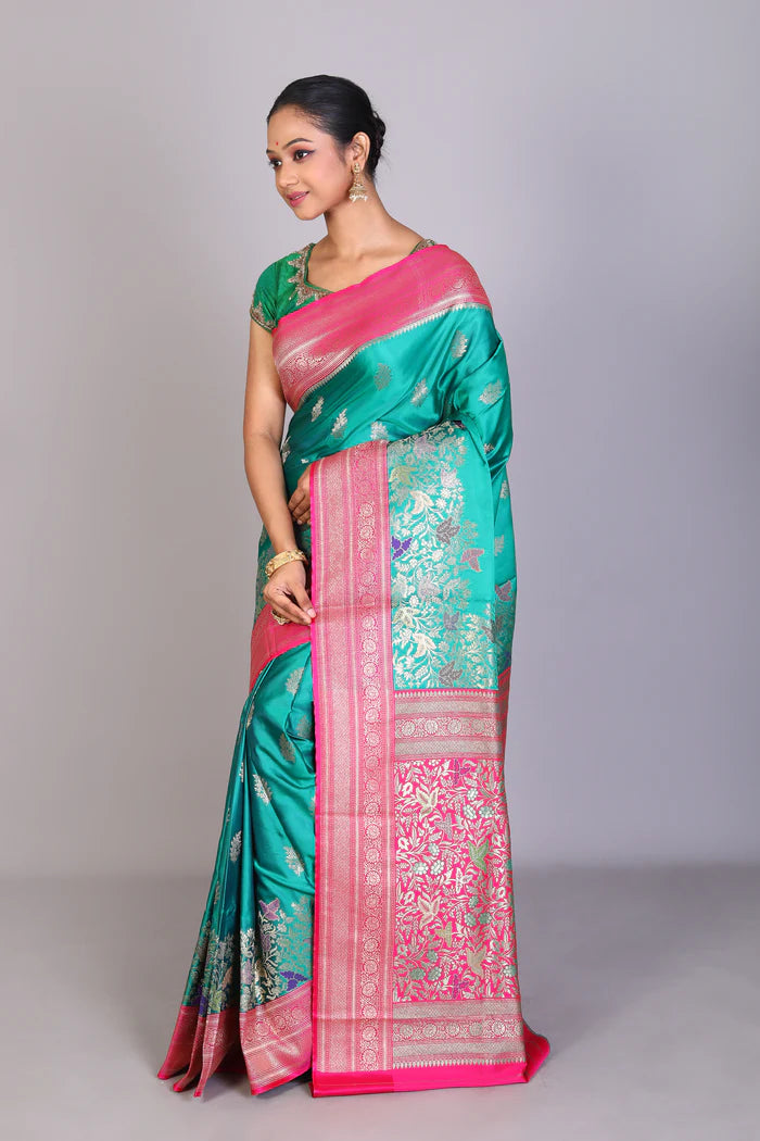 Rama Green Blended Satin Silk Saree - Keya Seth Exclusive