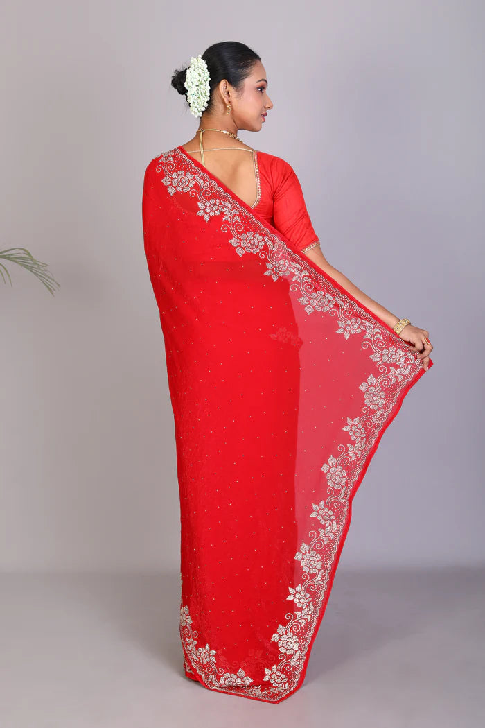 Red Blended Georgette Saree - Keya Seth Exclusive