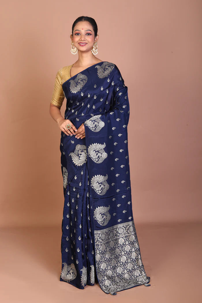 Navy Blue Blended Khaddi Saree - Keya Seth Exclusive