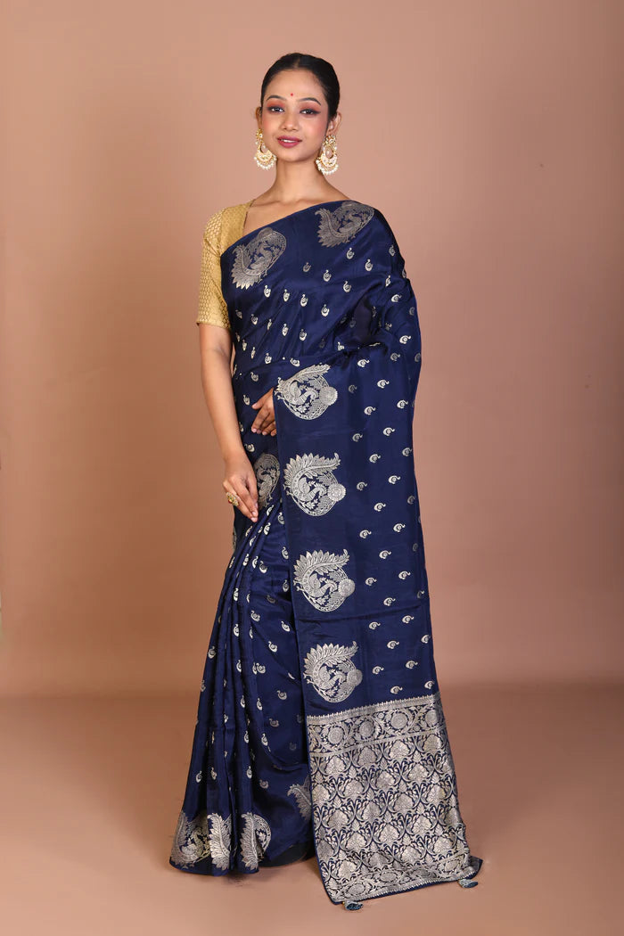 Navy Blue Blended Khaddi Saree - Keya Seth Exclusive