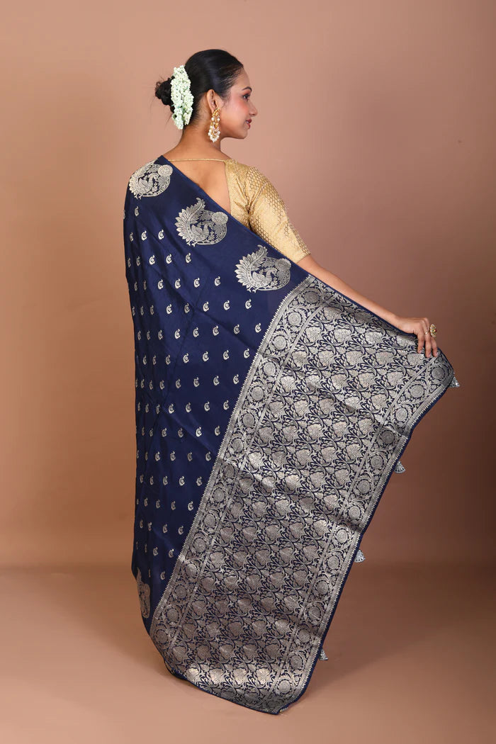 Navy Blue Blended Khaddi Saree - Keya Seth Exclusive