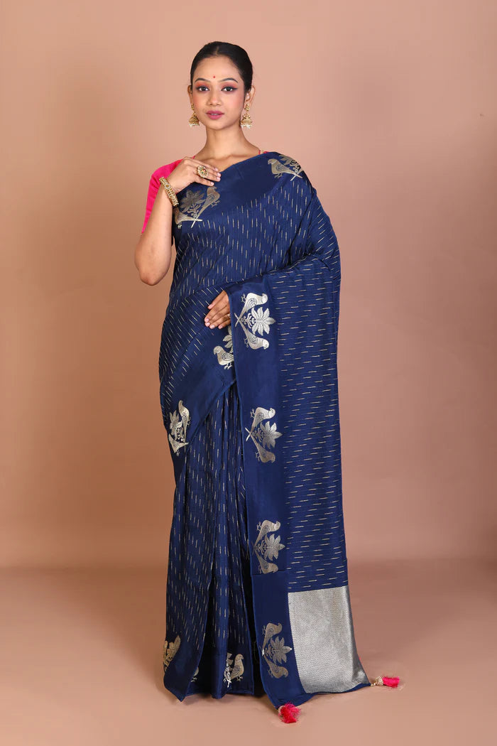 Navy Blue Blended Khaddi Saree - Keya Seth Exclusive