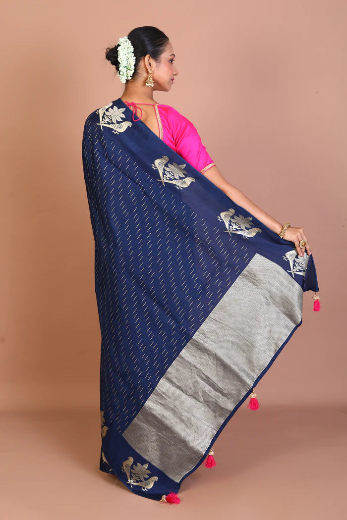 Navy Blue Blended Khaddi Saree - Keya Seth Exclusive