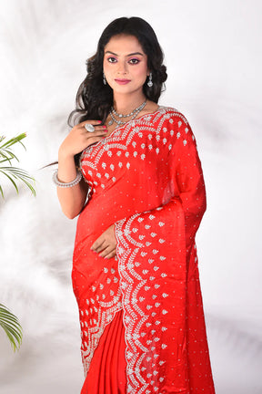 Fancy Red Satin Silk Saree - Keya Seth Exclusive