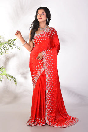 Fancy Red Satin Silk Saree - Keya Seth Exclusive