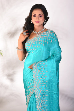 Fancy Light Blue Satin Silk Saree - Keya Seth Exclusive