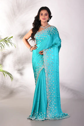 Fancy Light Blue Satin Silk Saree - Keya Seth Exclusive