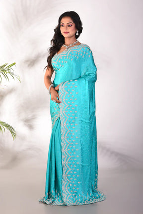Fancy Light Blue Satin Silk Saree - Keya Seth Exclusive