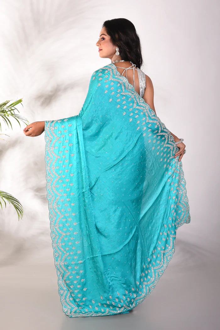 Fancy Light Blue Satin Silk Saree - Keya Seth Exclusive