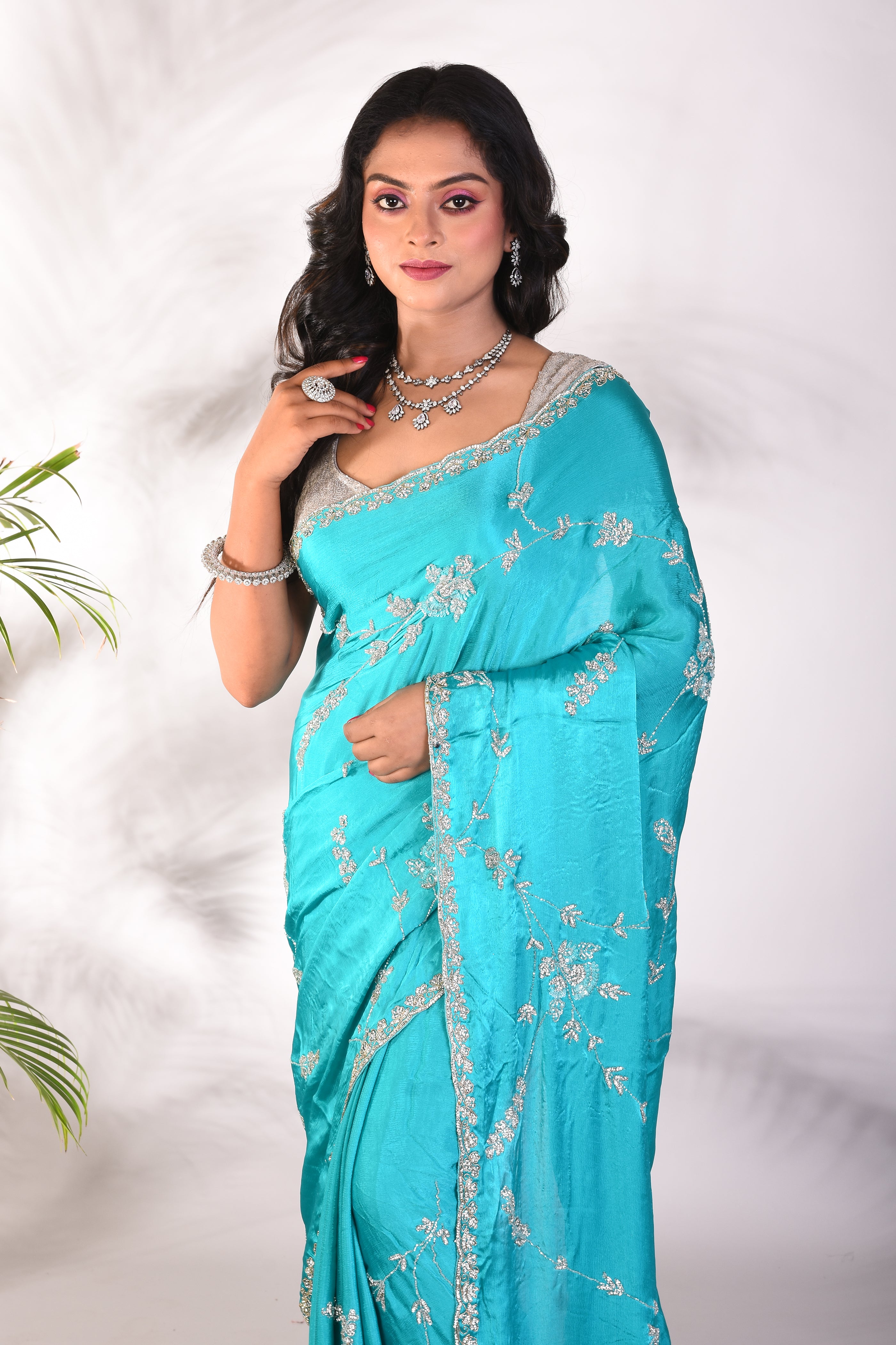 Fancy Light Blue Satin Silk Saree - Keya Seth Exclusive