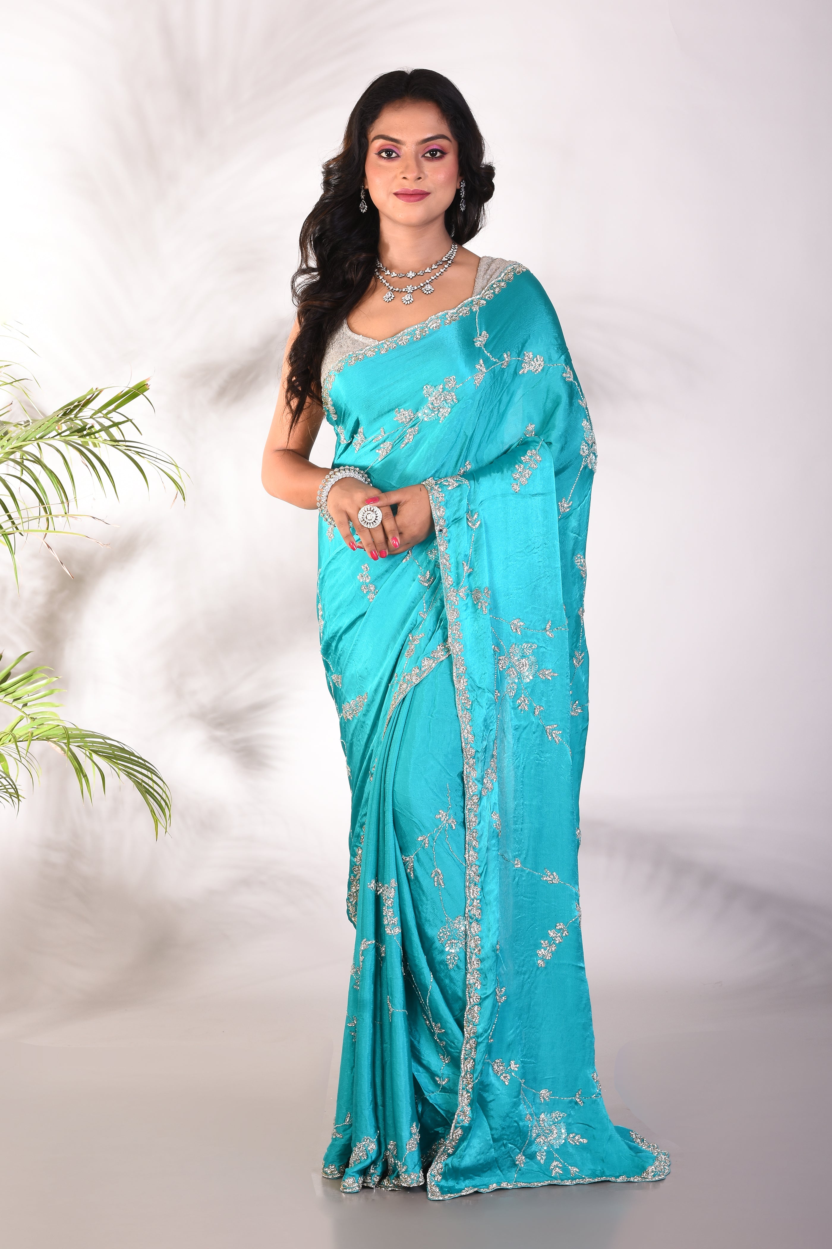 Fancy Light Blue Satin Silk Saree - Keya Seth Exclusive