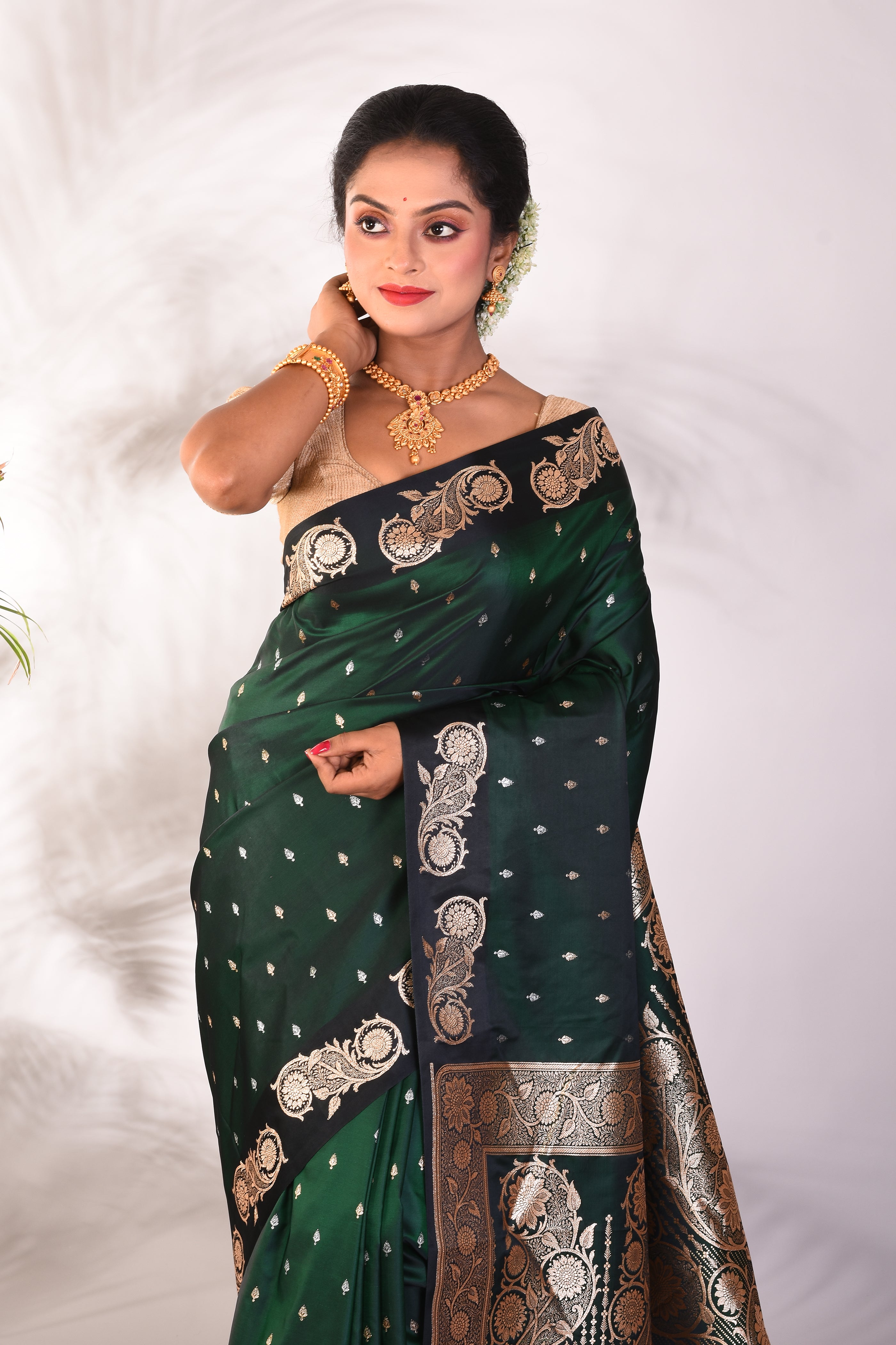 Bottle Green Blended Katan Saree - Keya Seth Exclusive