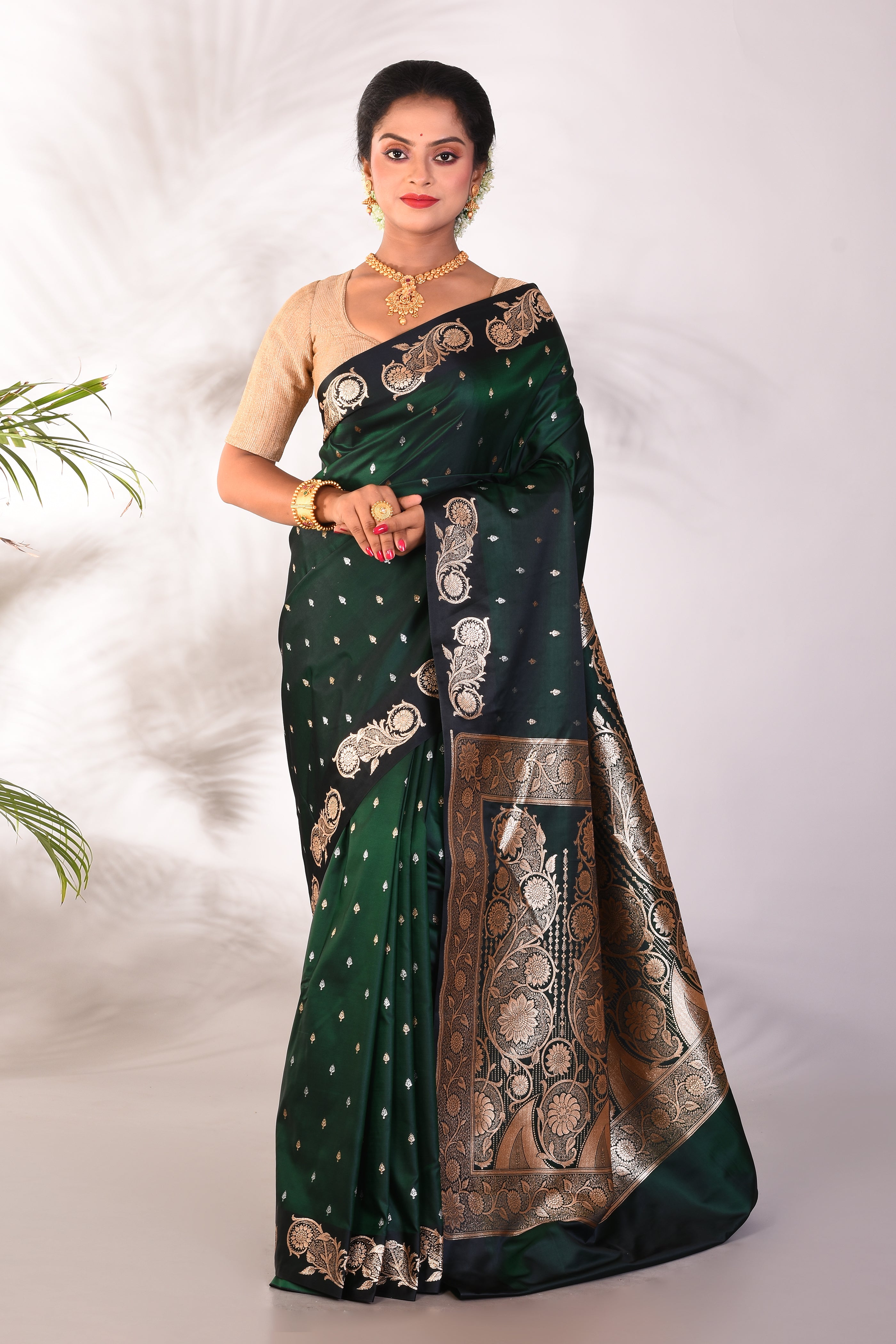 Bottle Green Blended Katan Saree - Keya Seth Exclusive