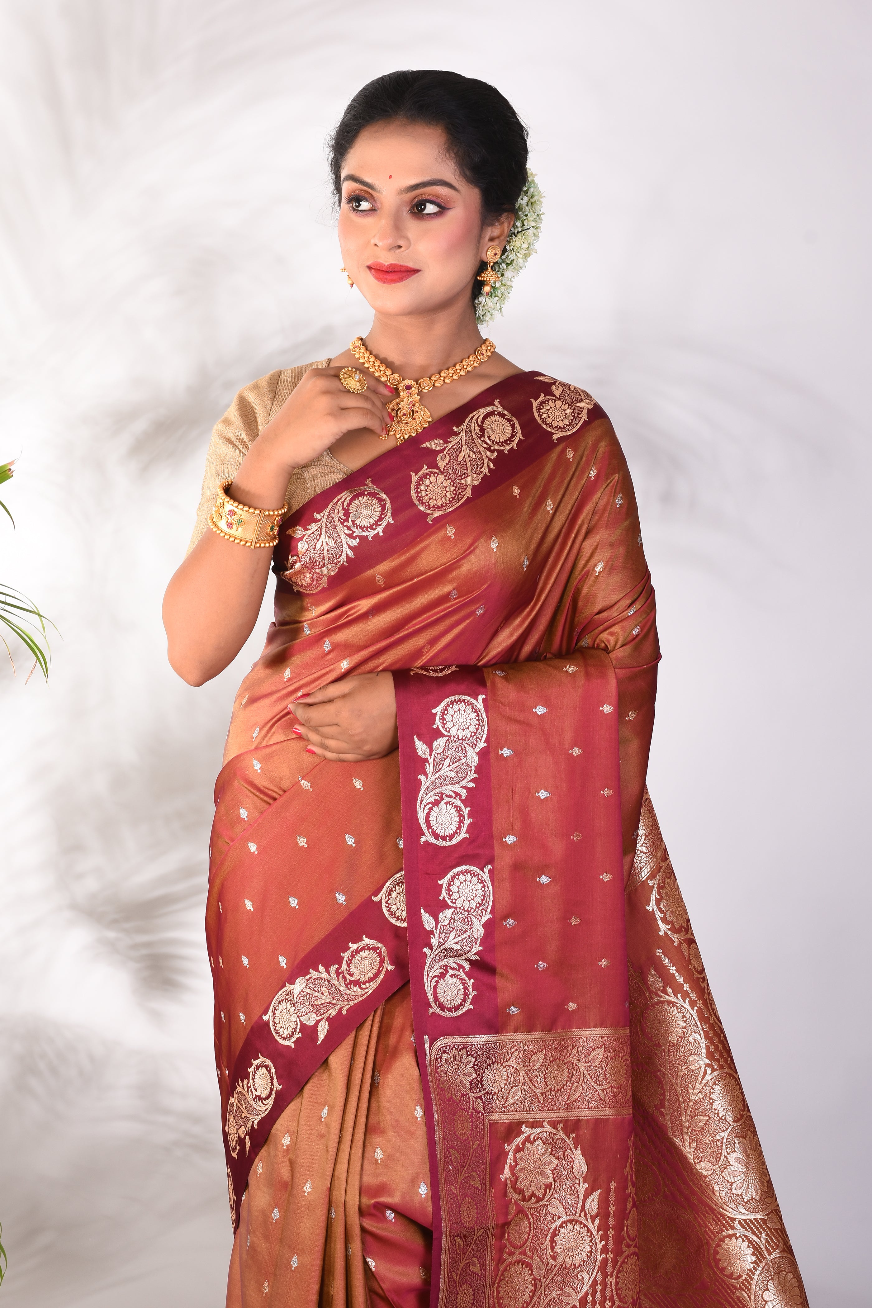 Light Brown Blended Katan Saree - Keya Seth Exclusive