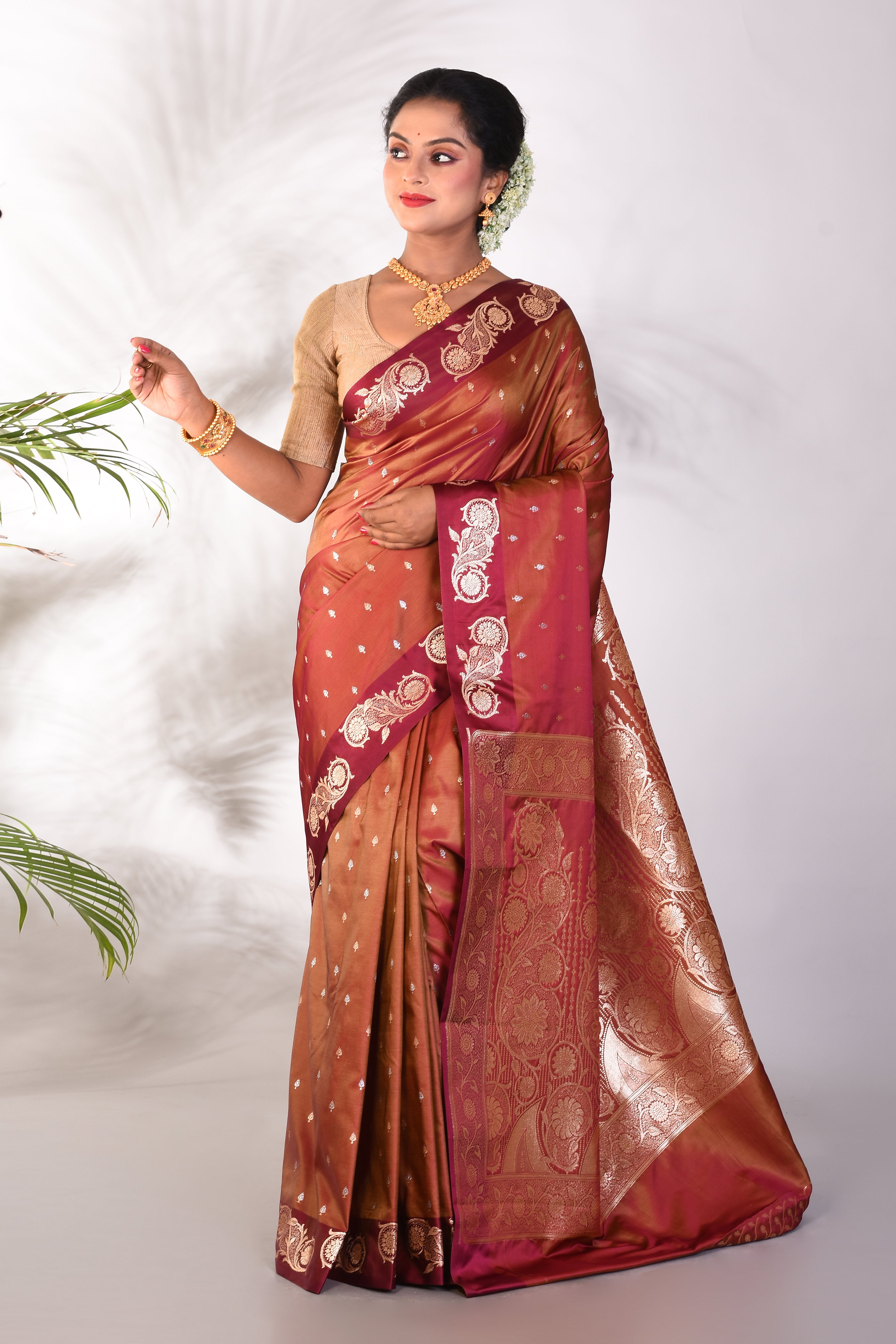 Light Brown Blended Katan Saree - Keya Seth Exclusive