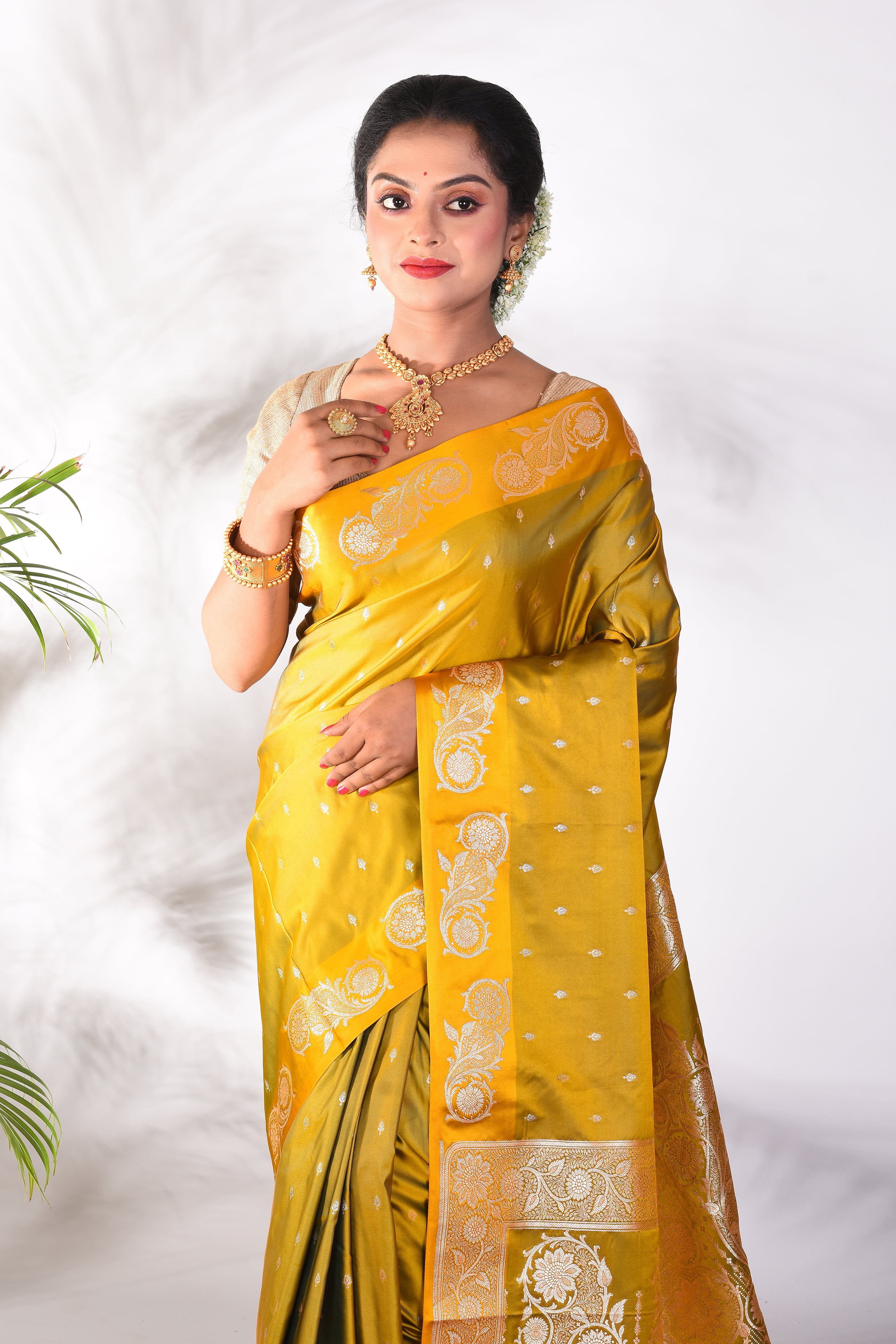 Olive Green Blended Katan Saree - Keya Seth Exclusive