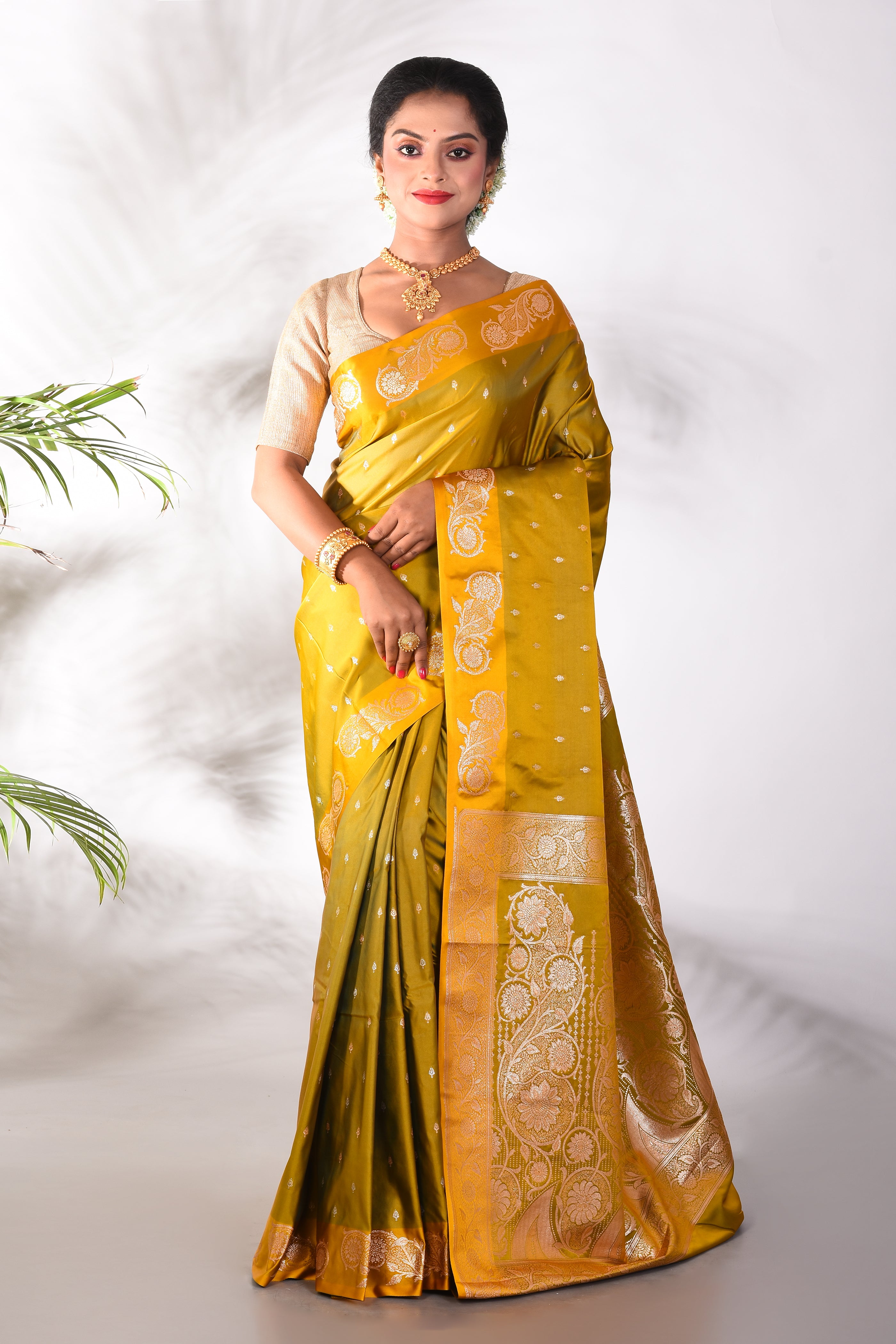 Olive Green Blended Katan Saree - Keya Seth Exclusive