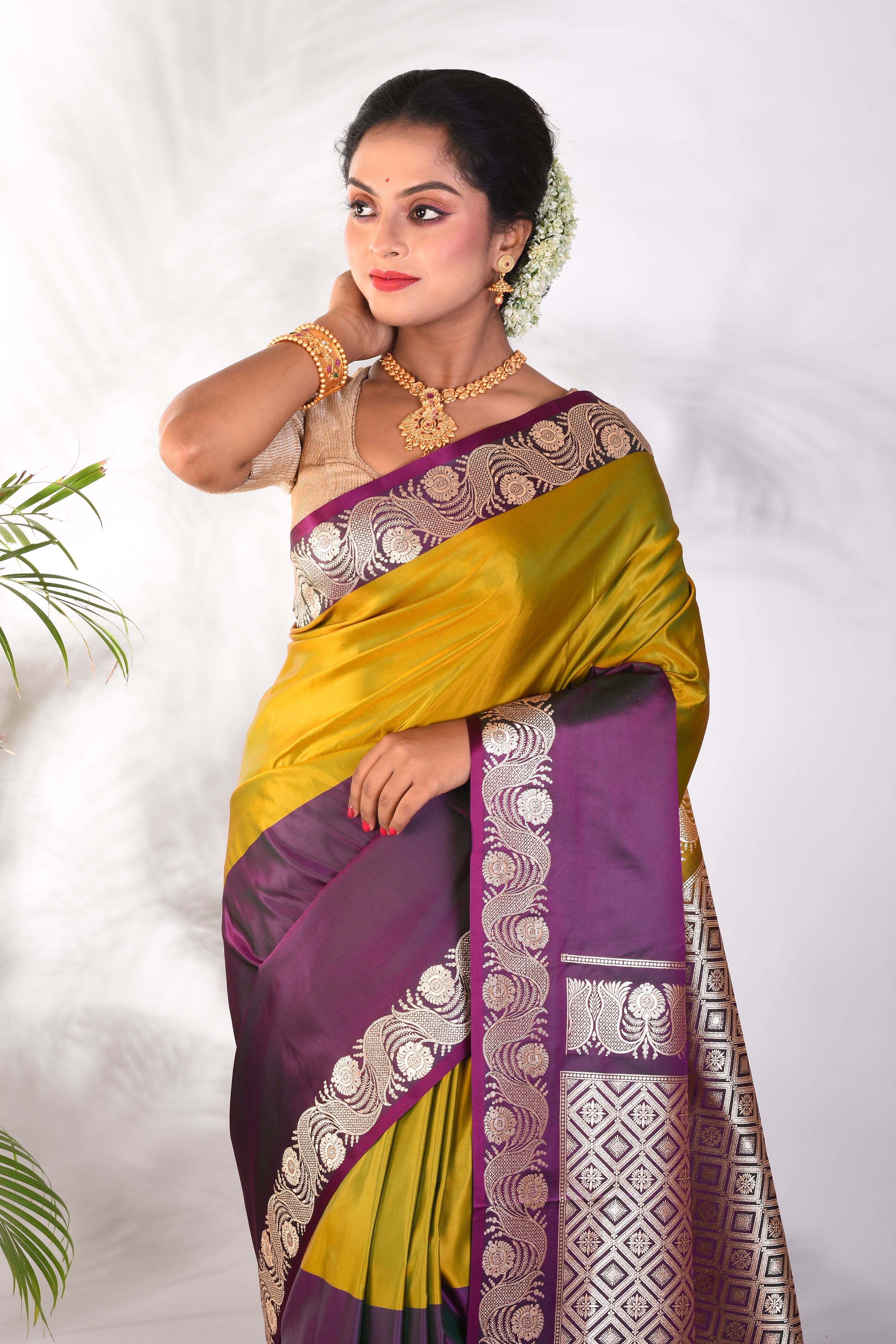 Olive & Magenta Blended Katan Saree - Keya Seth Exclusive