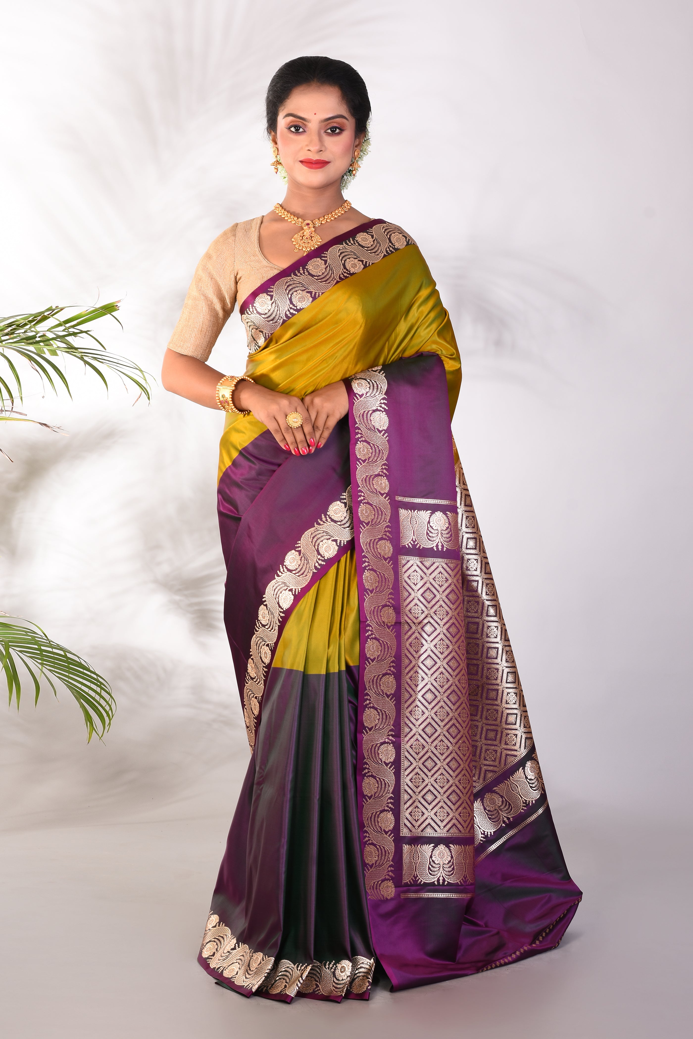 Olive & Magenta Blended Katan Saree - Keya Seth Exclusive