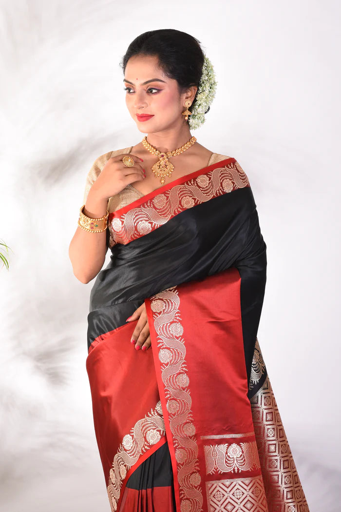 Black and Maroon Blended Katan Saree - Keya Seth Exclusive