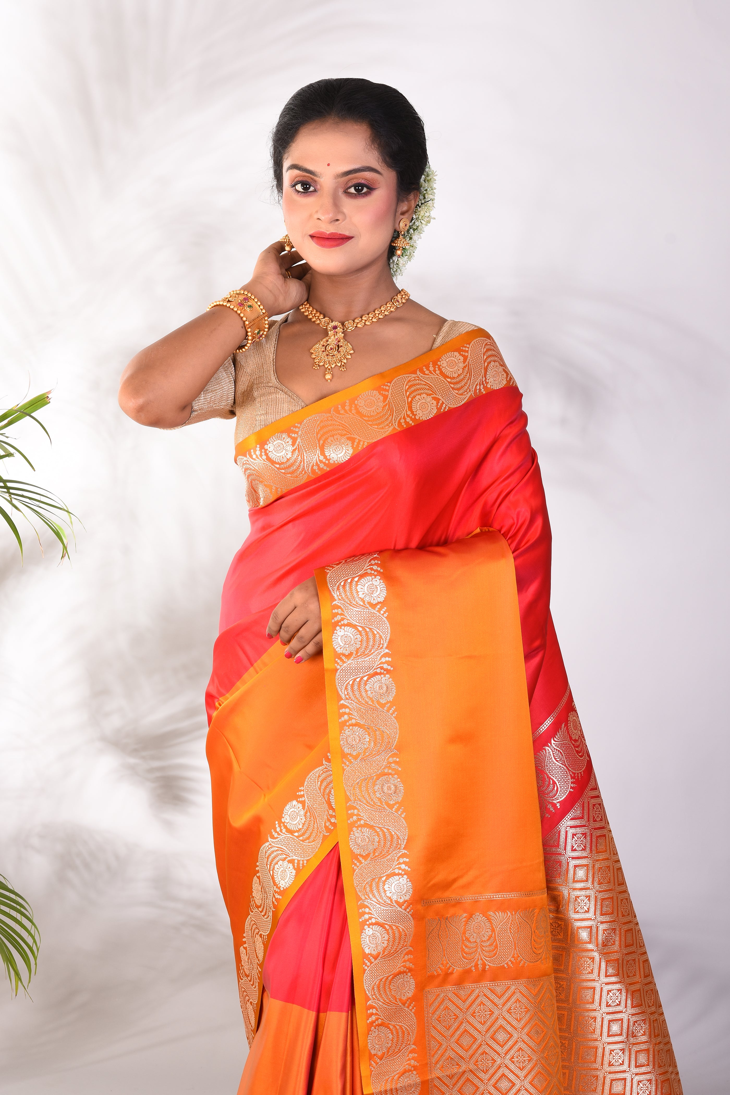 Orange and Yellow Blended Katan Saree - Keya Seth Exclusive