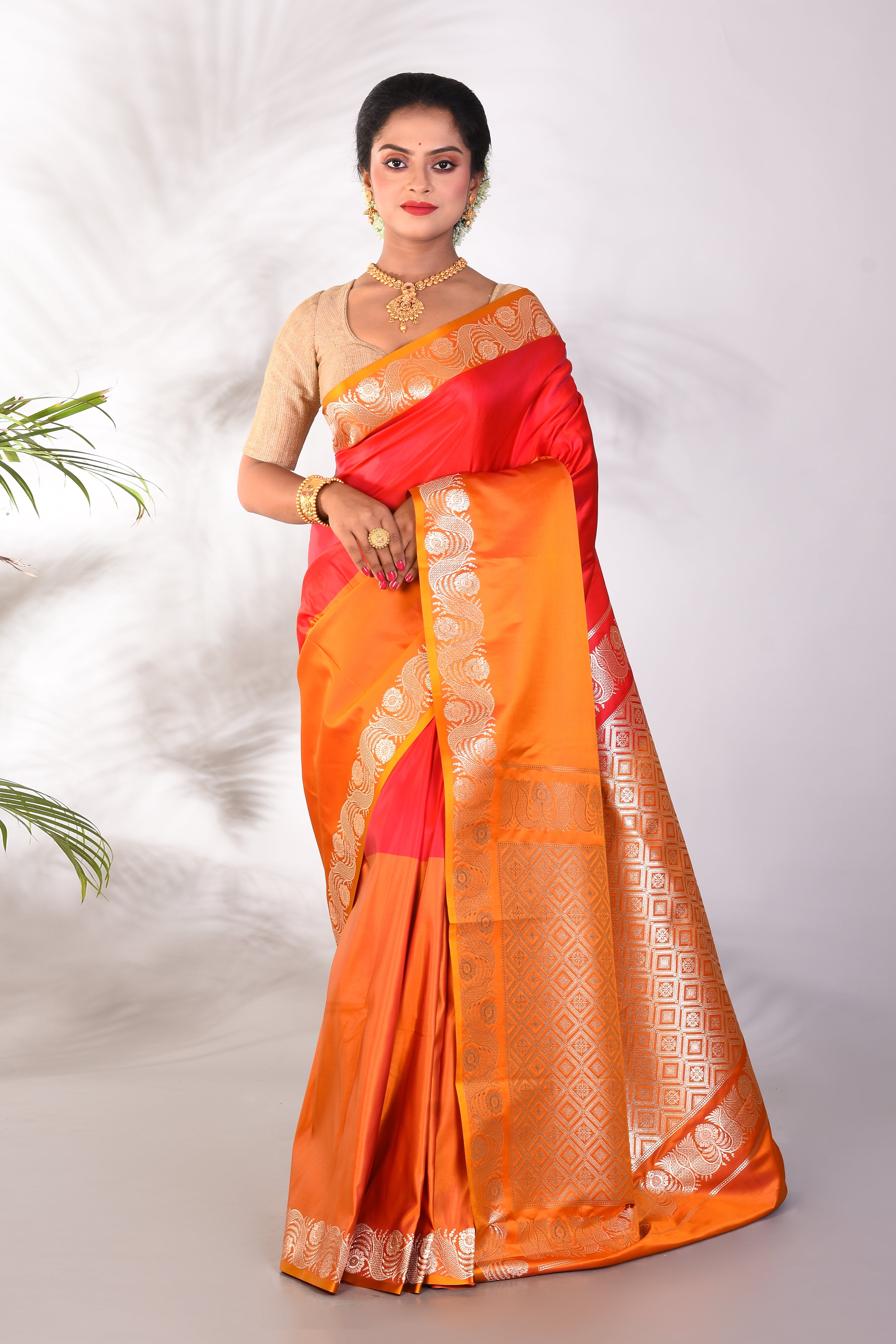 Orange and Yellow Blended Katan Saree - Keya Seth Exclusive