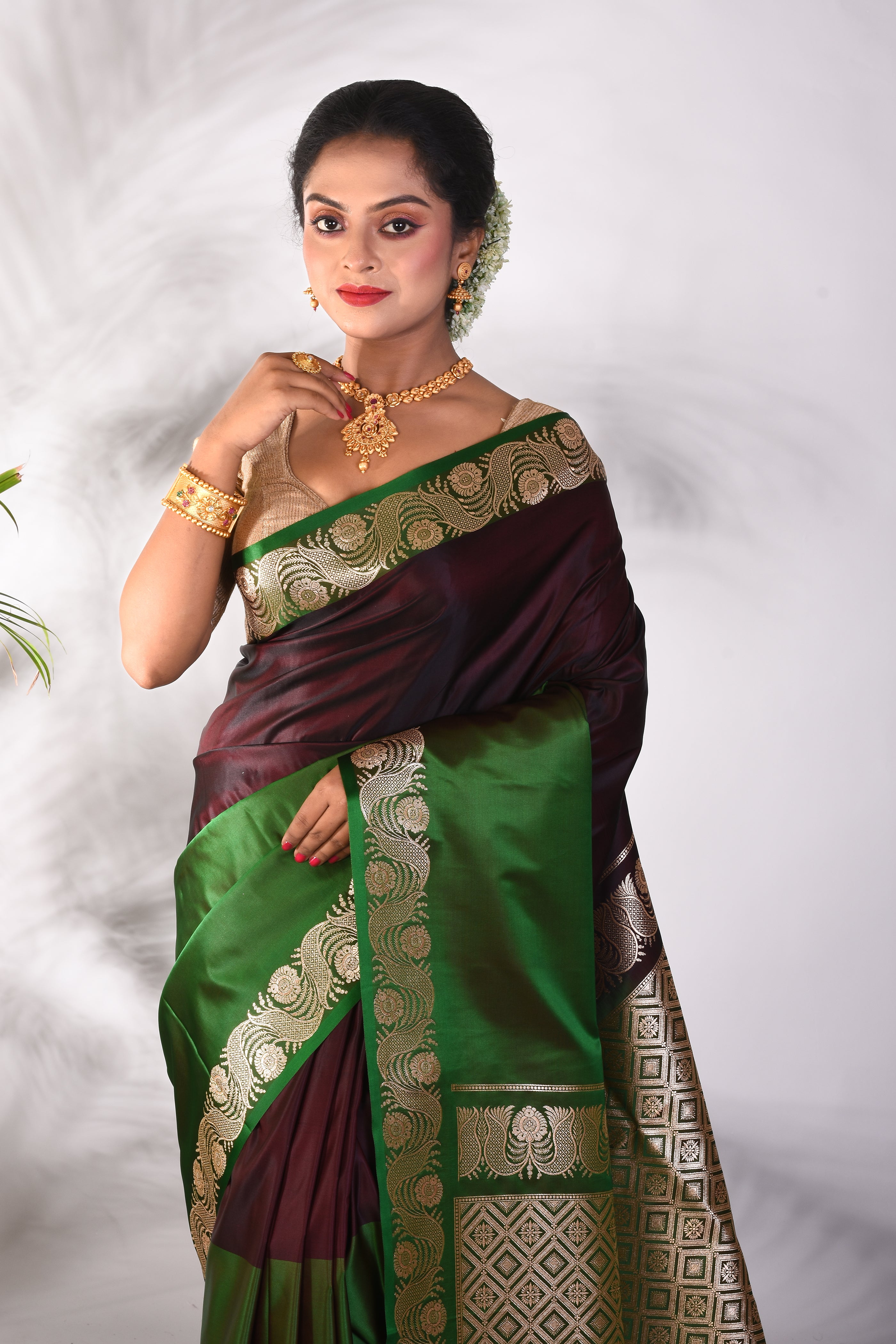 Green and Brown Blended Katan Saree - Keya Seth Exclusive