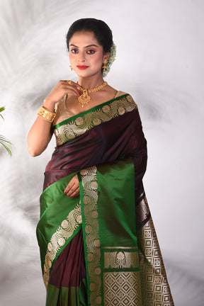 Green and Brown Blended Katan Saree - Keya Seth Exclusive
