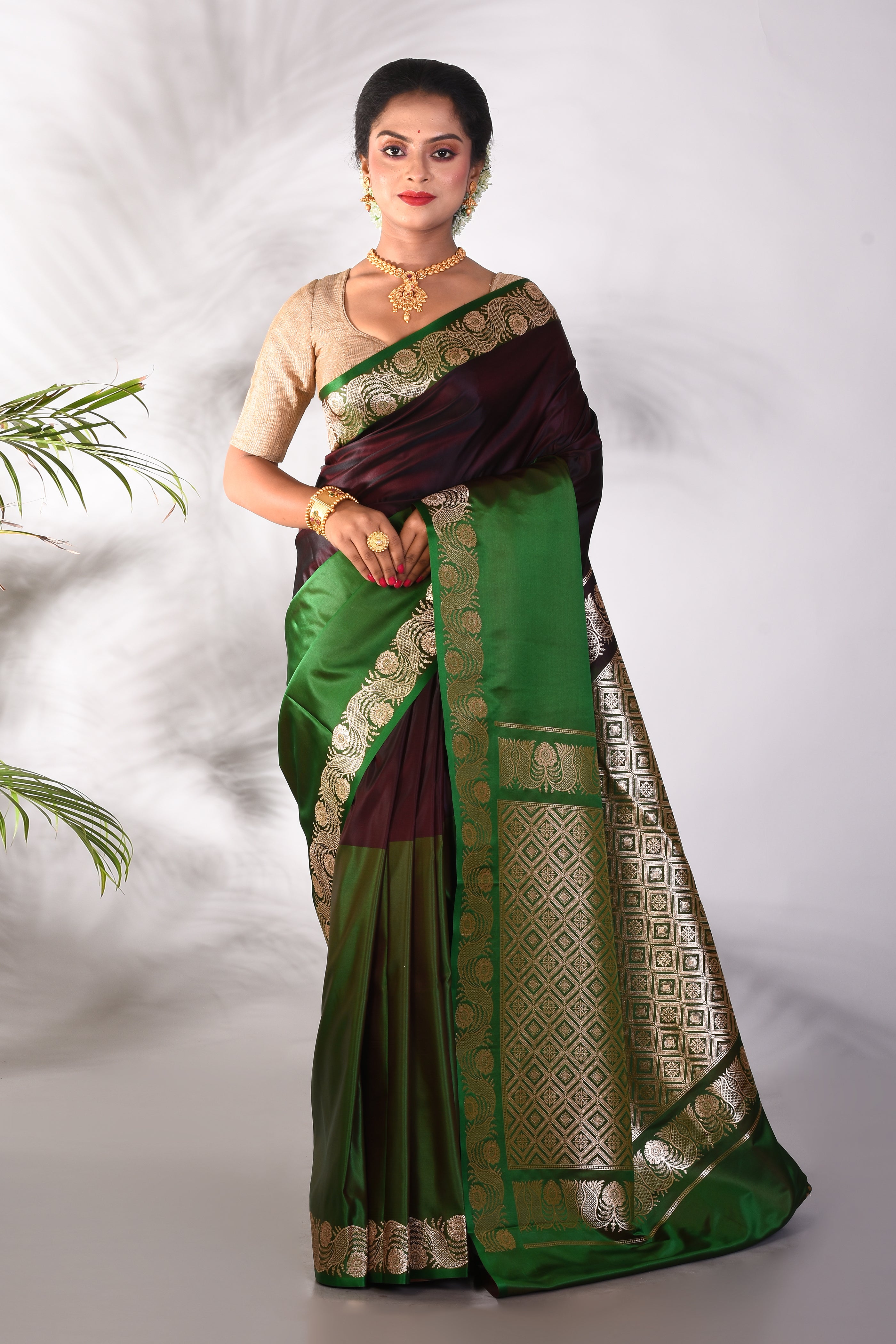 Green and Brown Blended Katan Saree - Keya Seth Exclusive