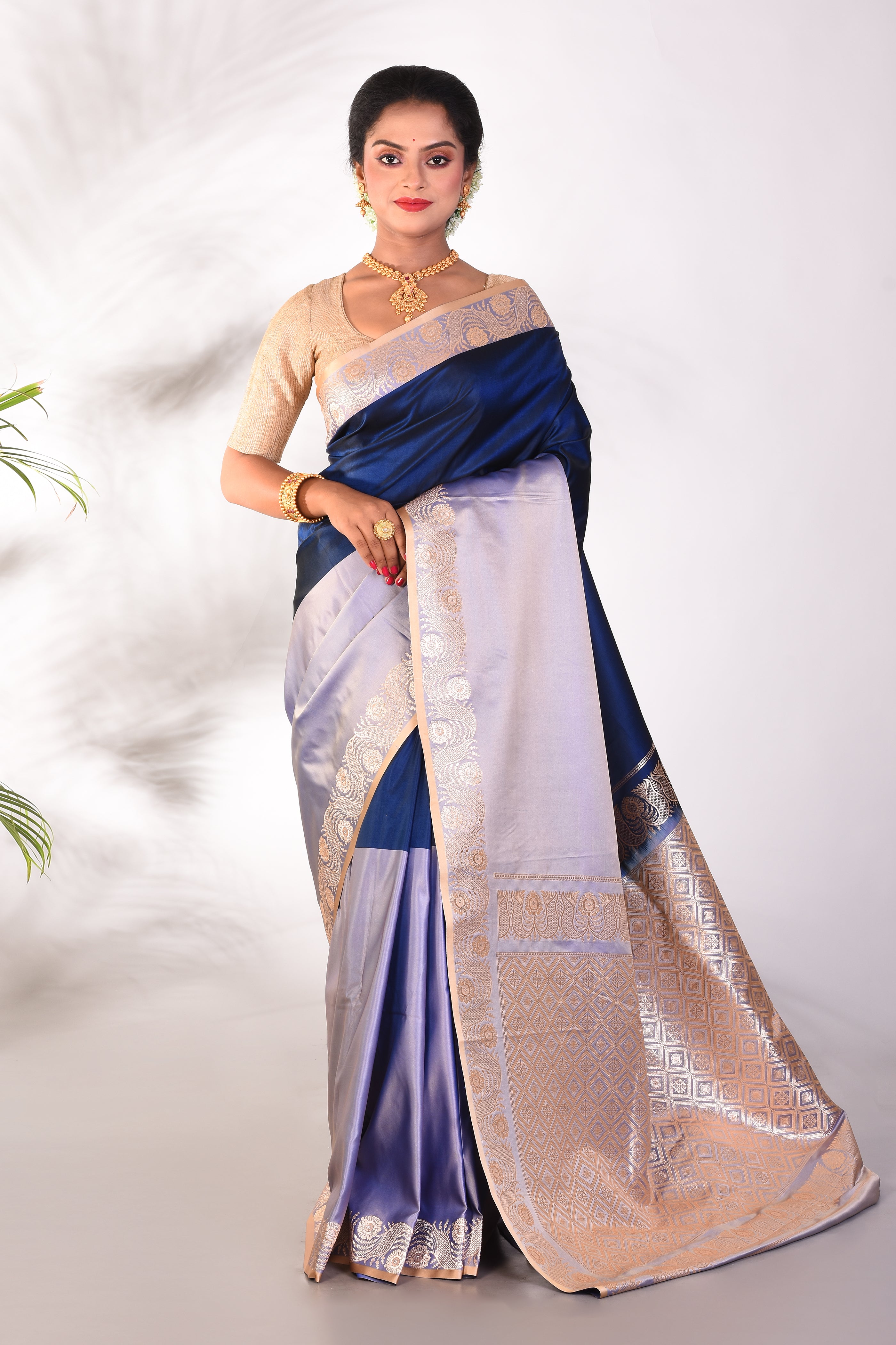 Grey and Blue Blended Katan Saree - Keya Seth Exclusive