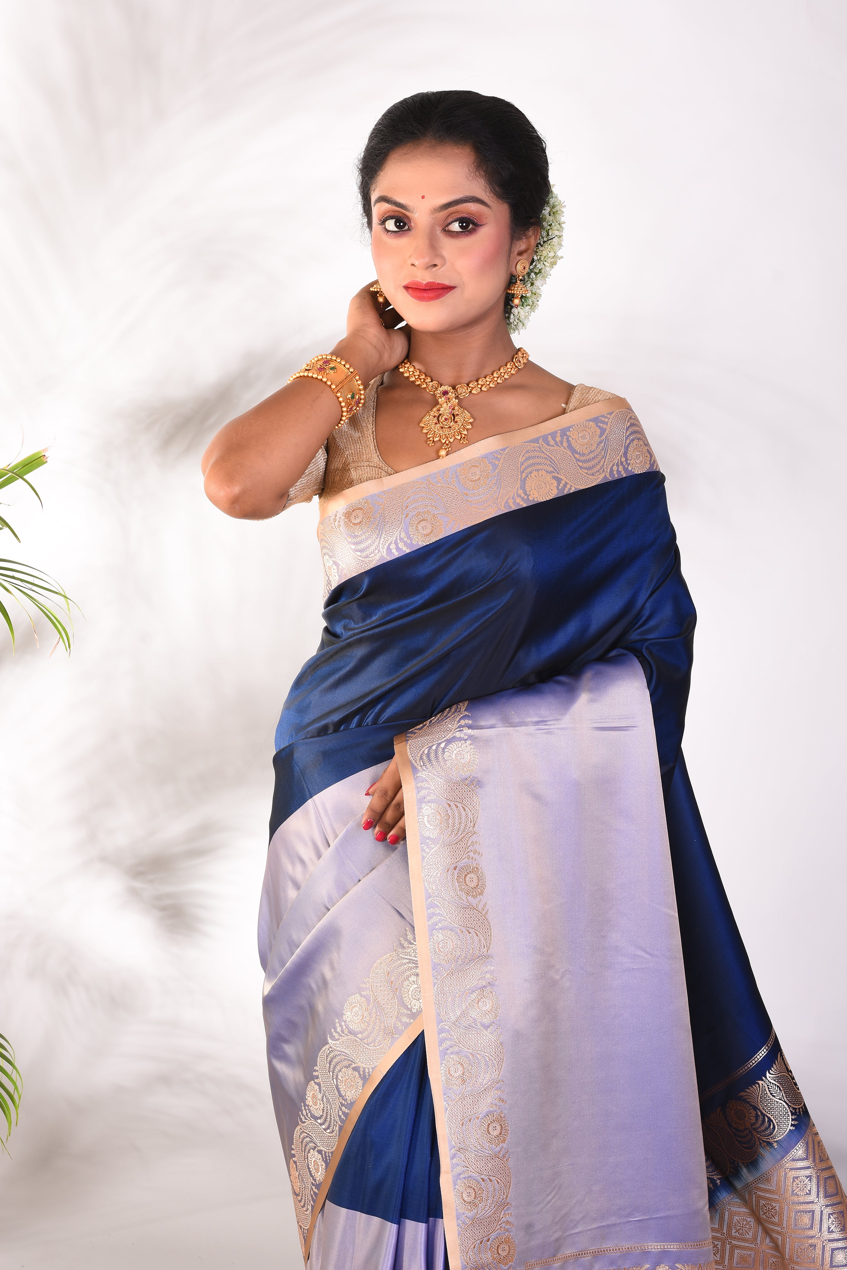 Grey and Blue Blended Katan Saree - Keya Seth Exclusive