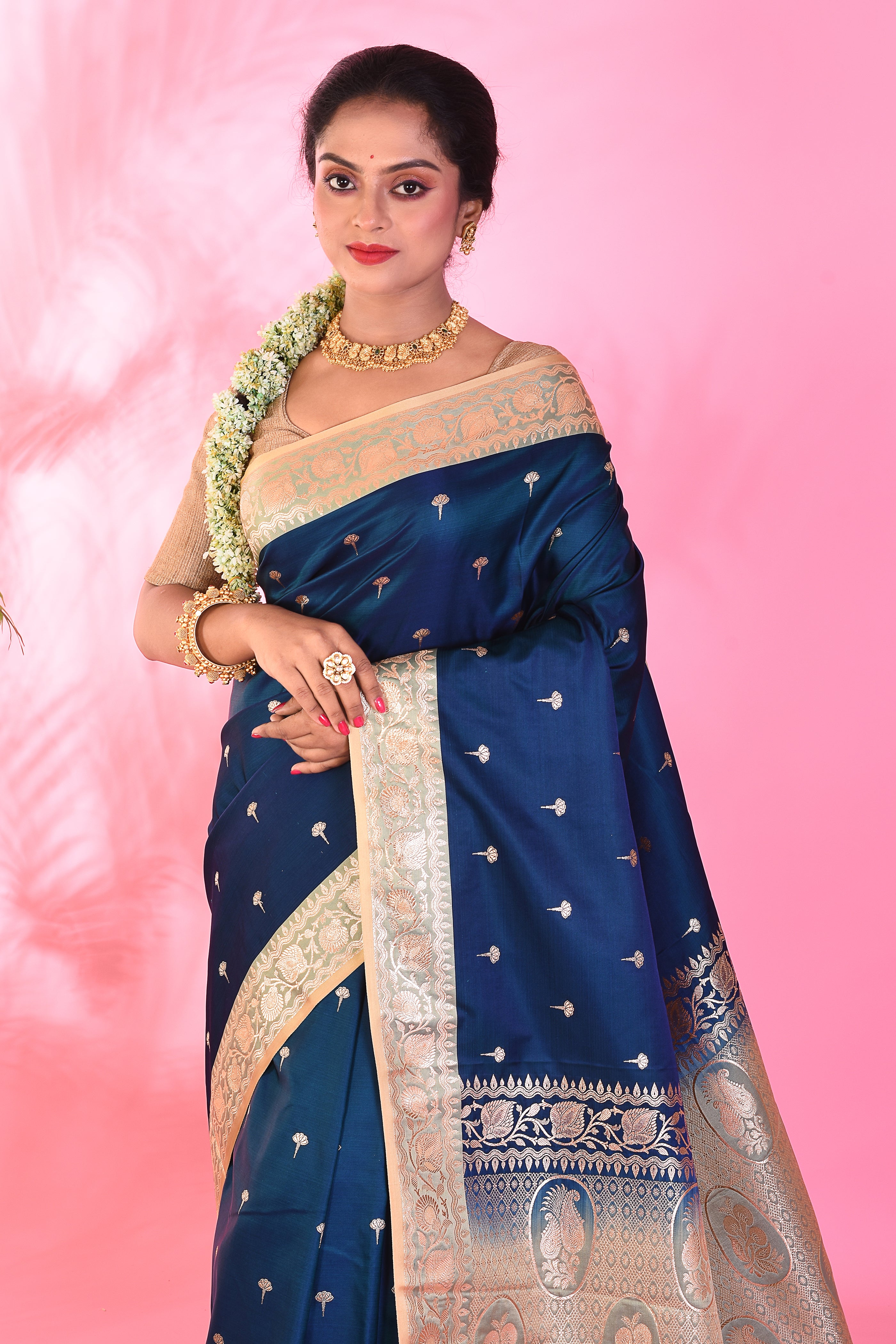Navy Blue Blended Katan Saree - Keya Seth Exclusive