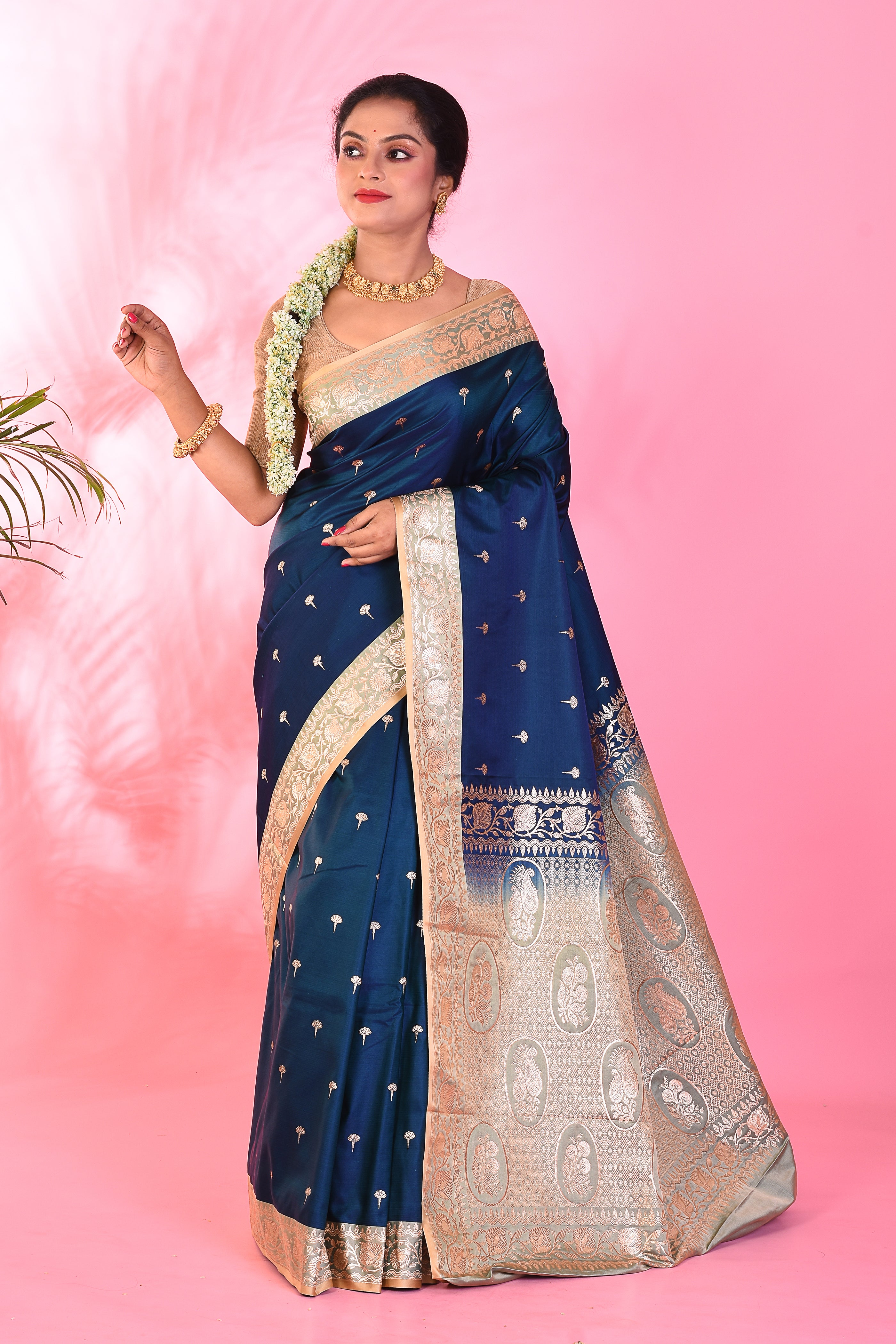 Navy Blue Blended Katan Saree - Keya Seth Exclusive