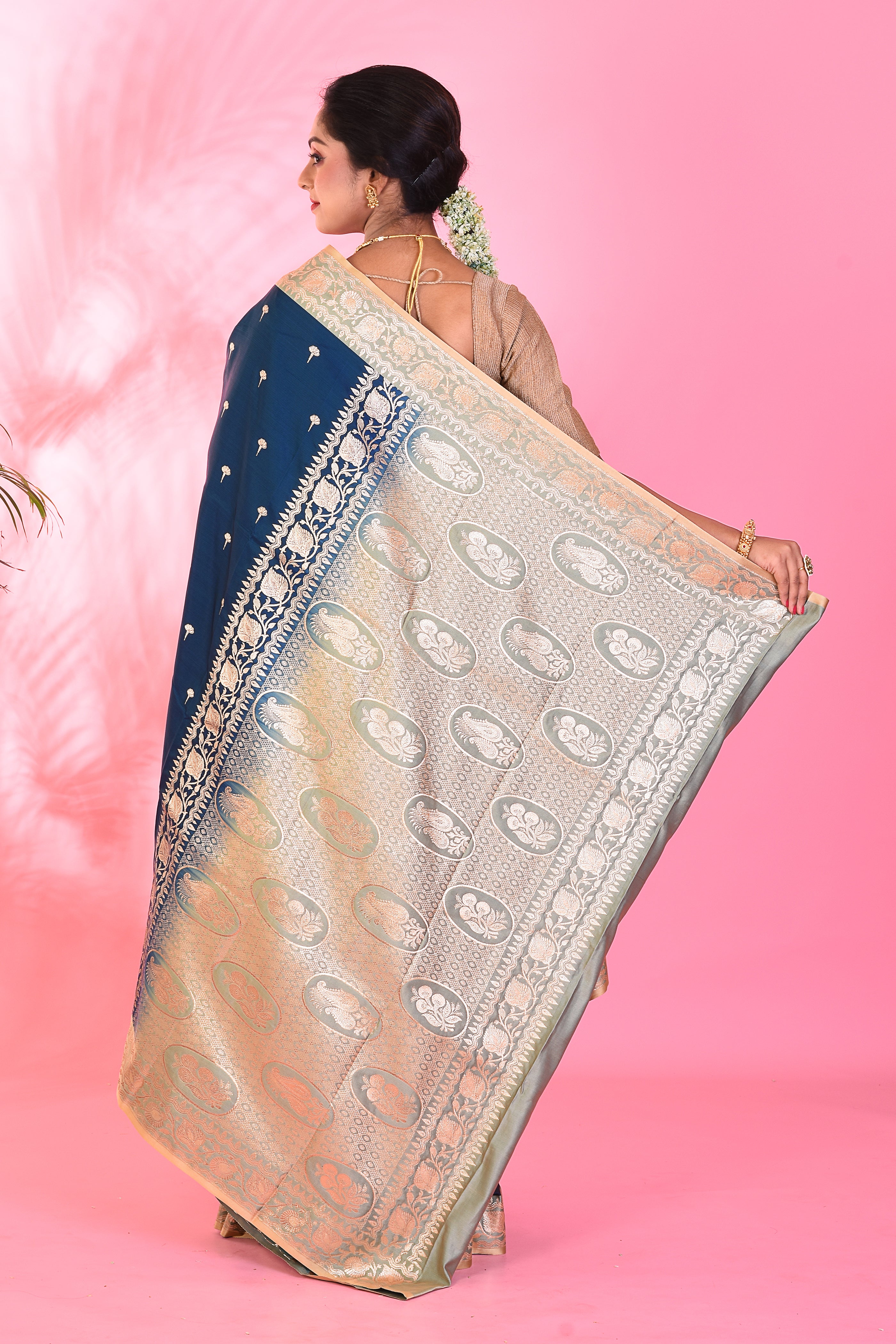 Navy Blue Blended Katan Saree - Keya Seth Exclusive