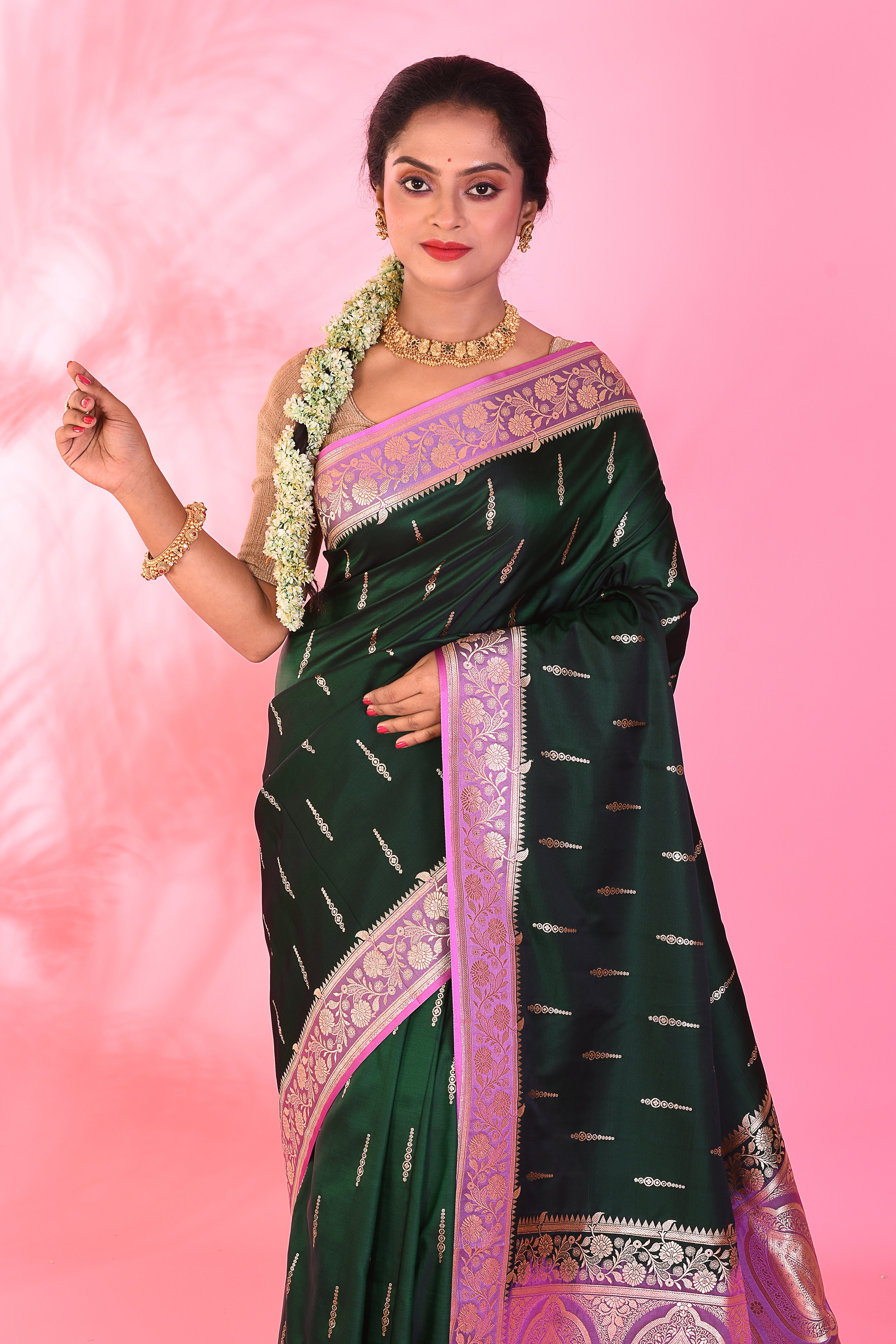 Deep Green Blended Katan Saree - Keya Seth Exclusive