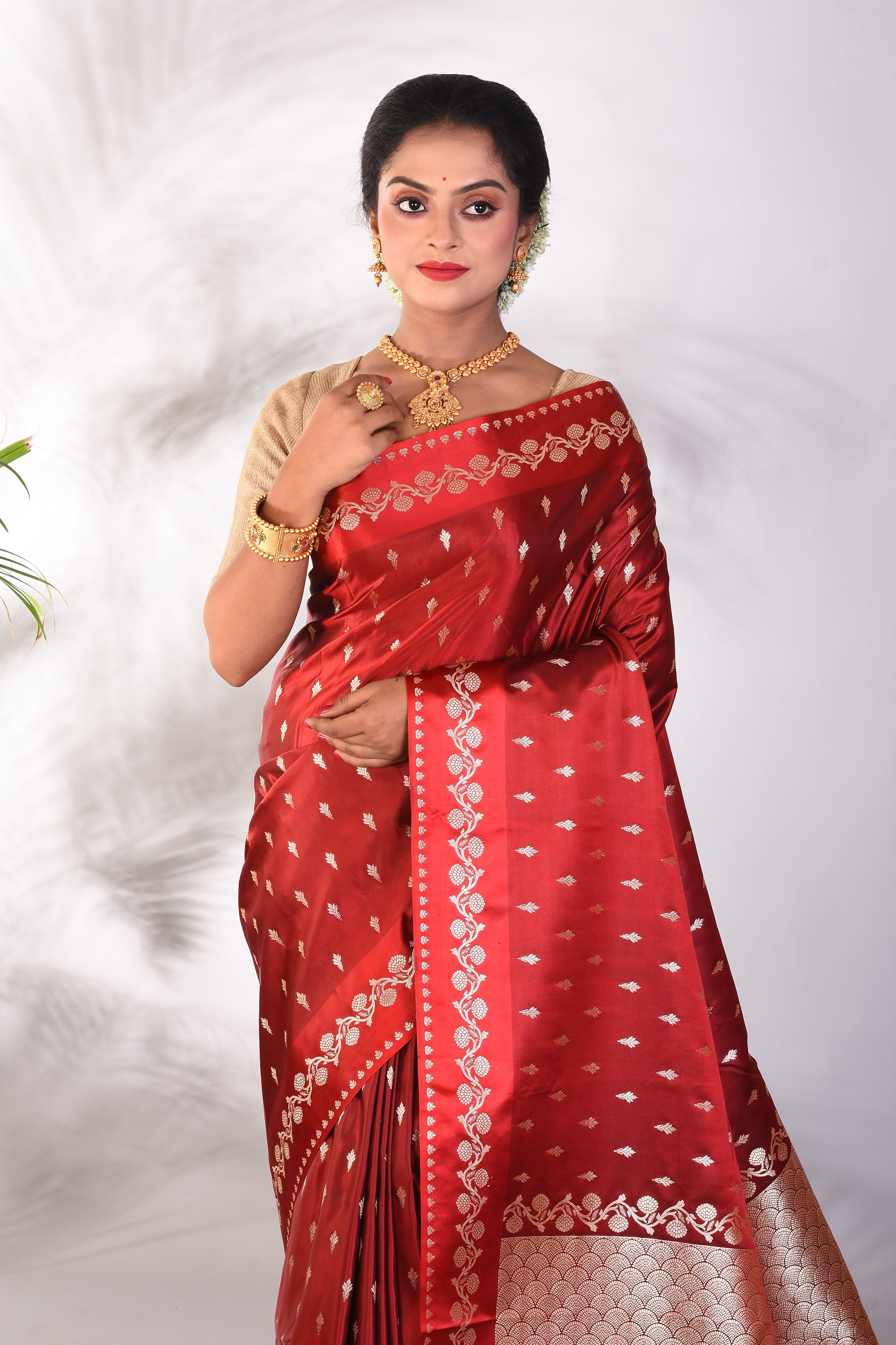 Maroon Blended Katan Saree - Keya Seth Exclusive