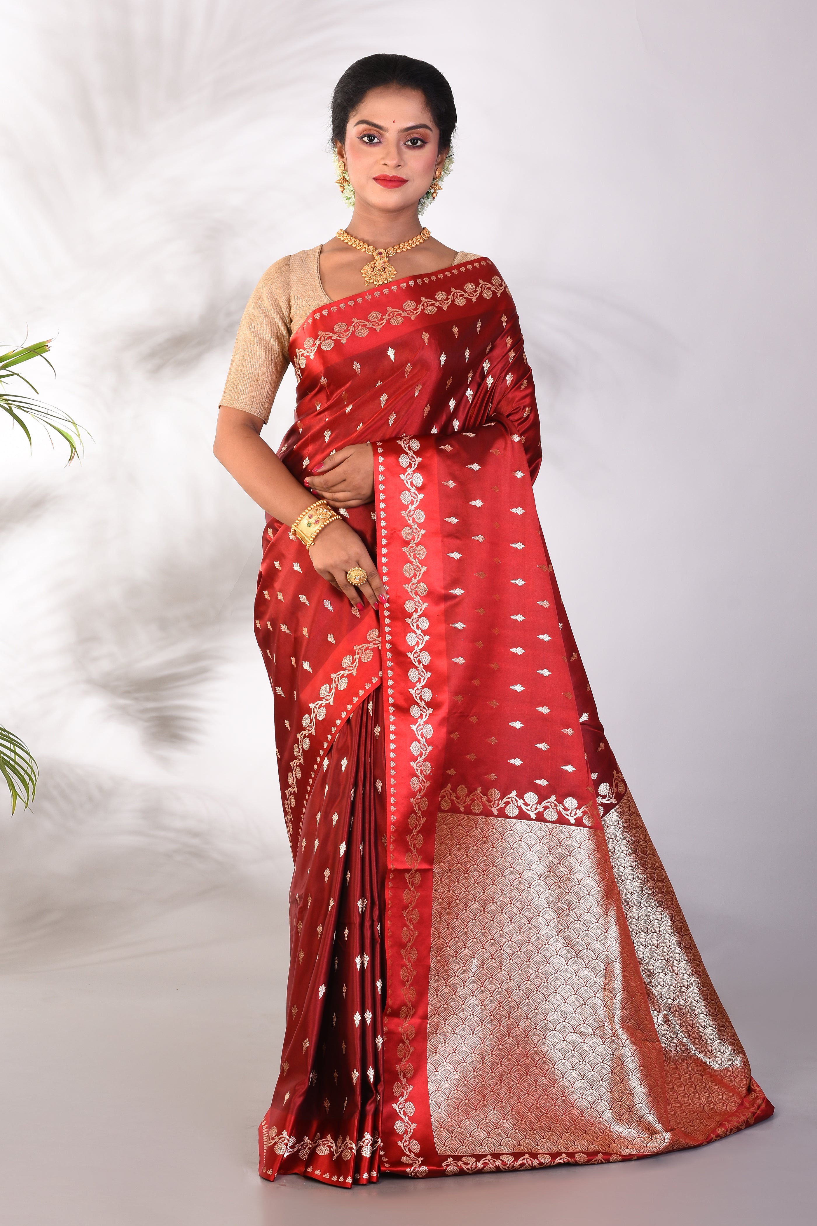 Maroon Blended Katan Saree - Keya Seth Exclusive