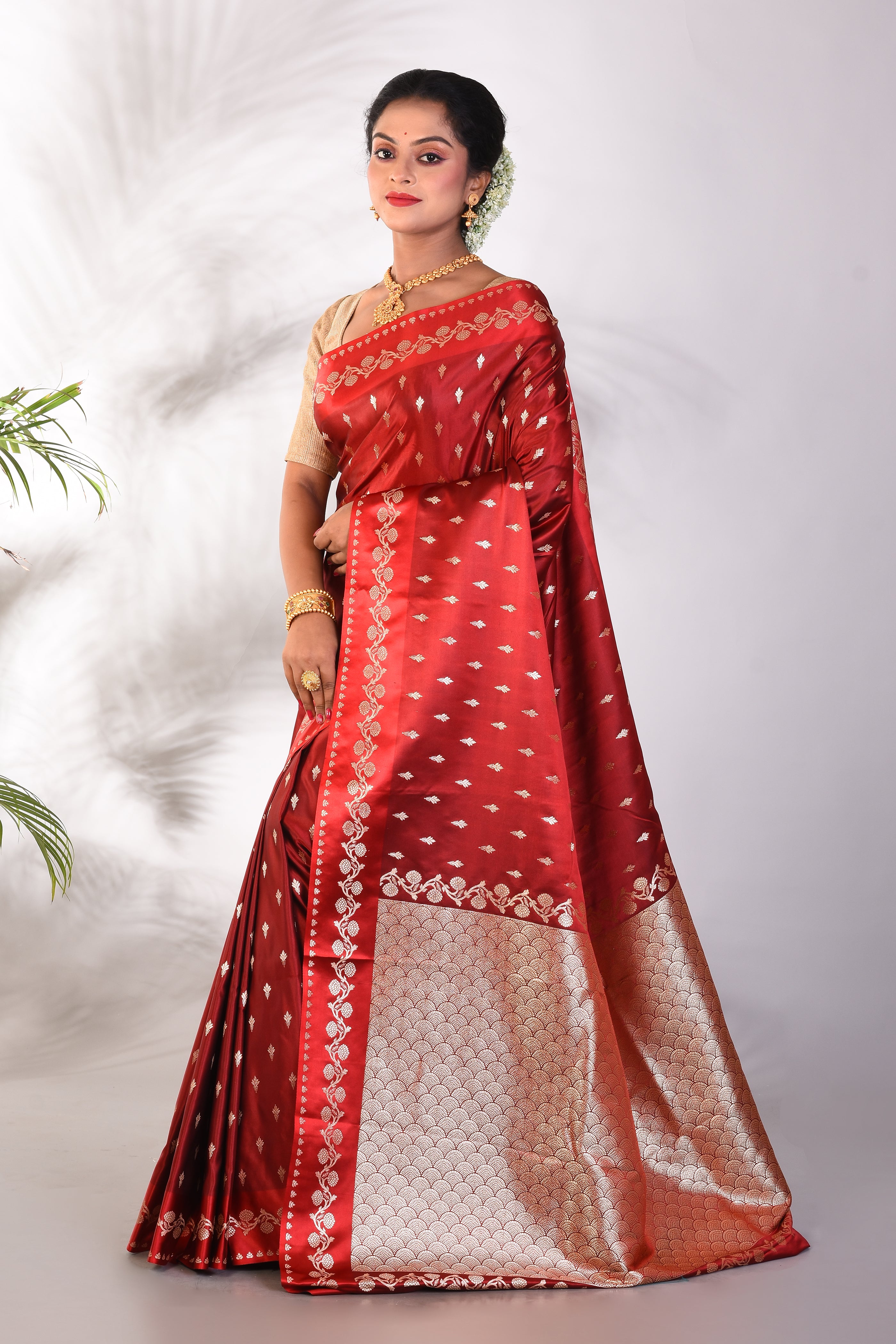 Maroon Blended Katan Saree - Keya Seth Exclusive