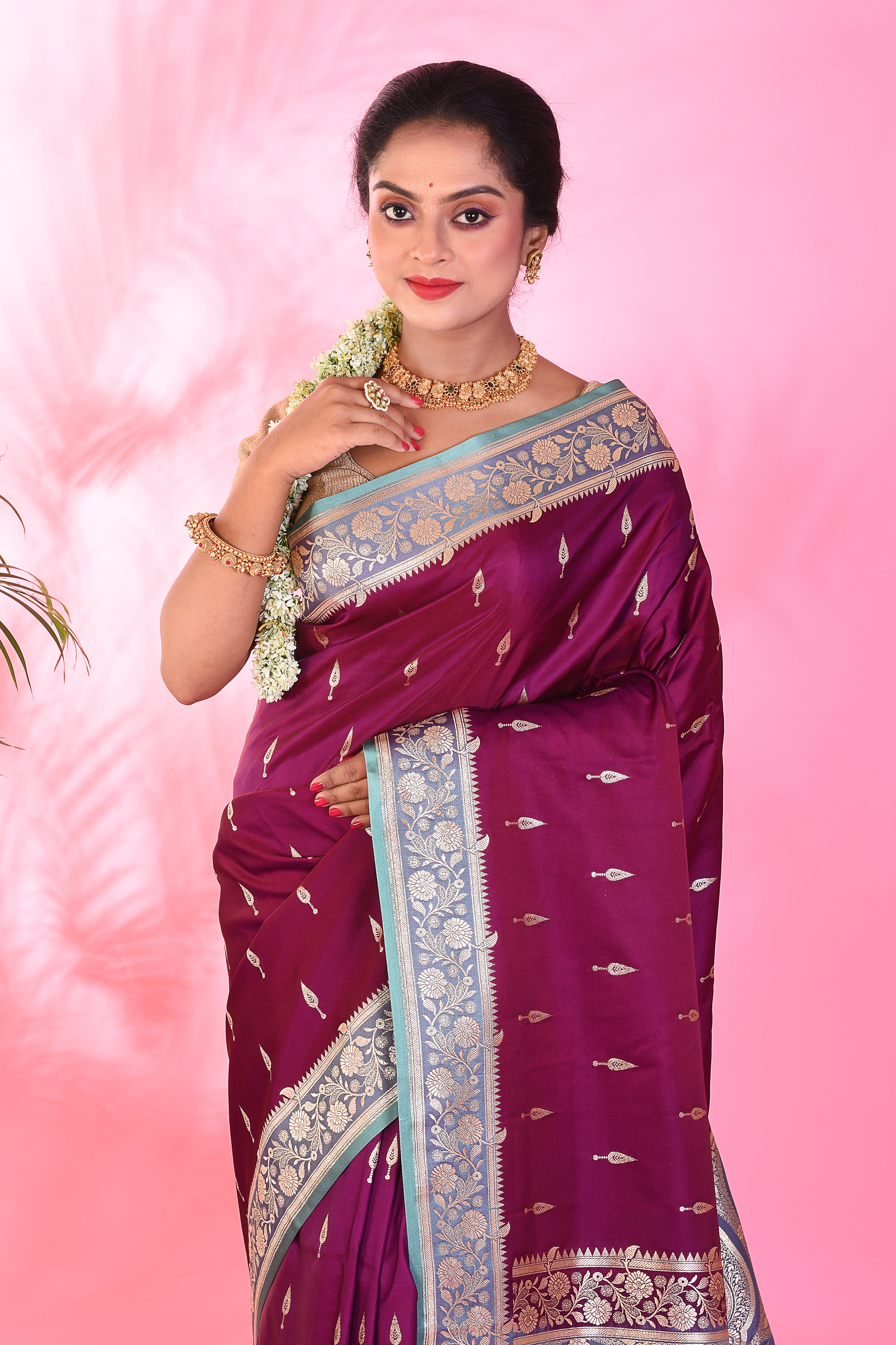 Magenta and Lavender Blended Katan Saree - Keya Seth Exclusive