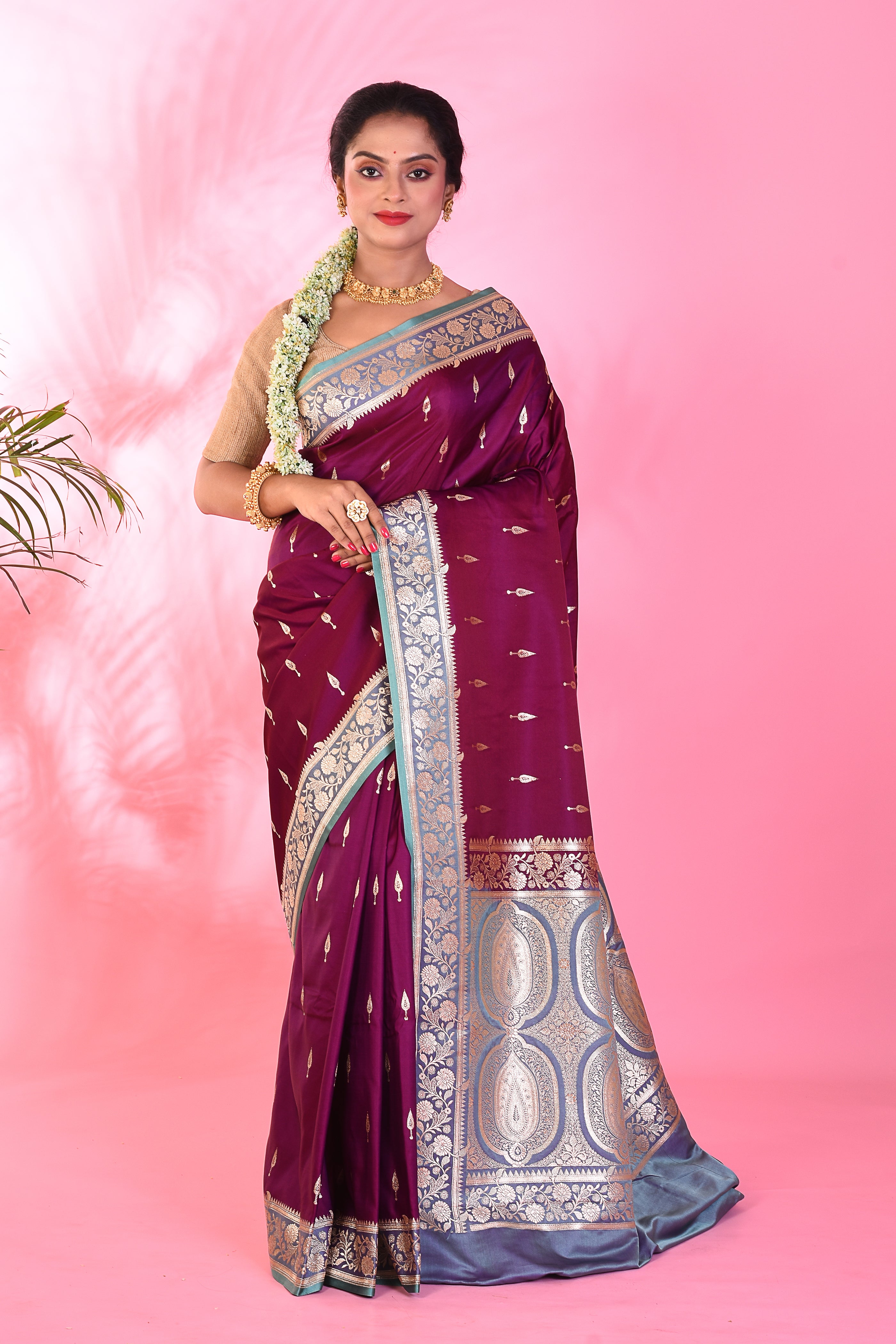 Magenta and Lavender Blended Katan Saree - Keya Seth Exclusive
