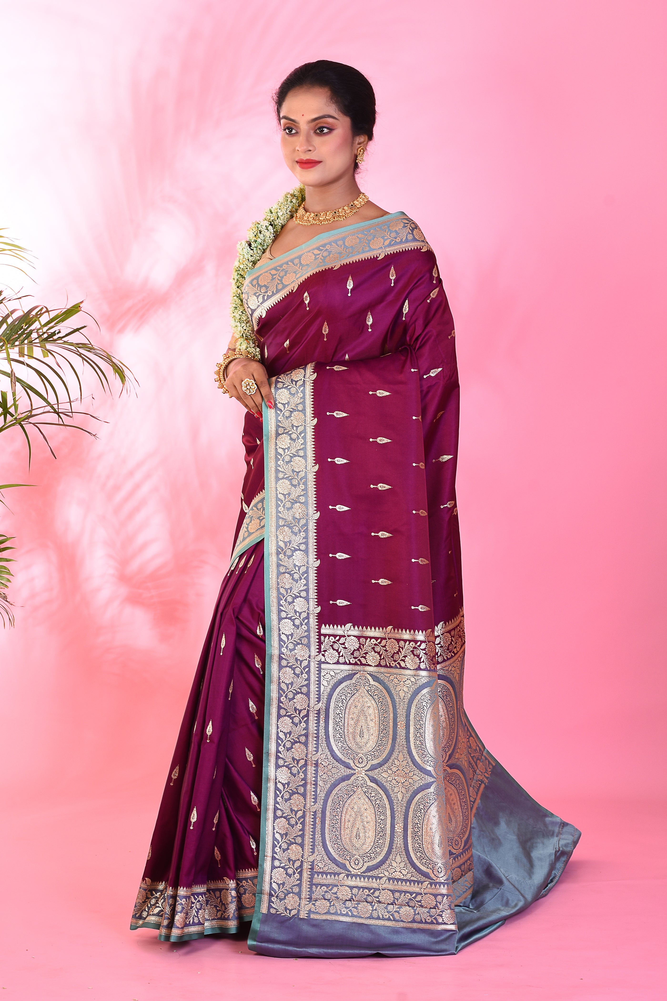 Magenta and Lavender Blended Katan Saree - Keya Seth Exclusive