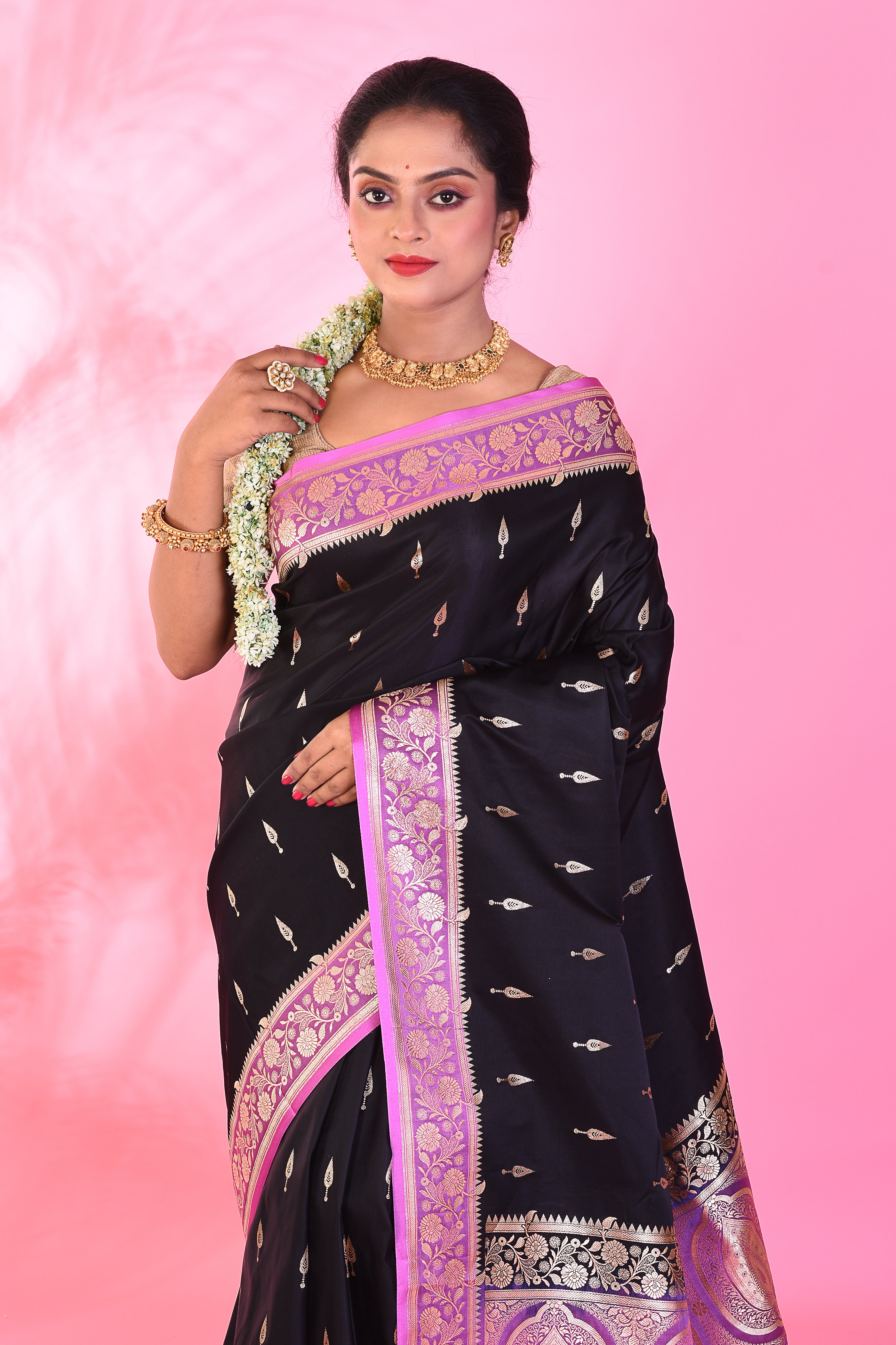 Black and Lavender Blended Katan Saree - Keya Seth Exclusive